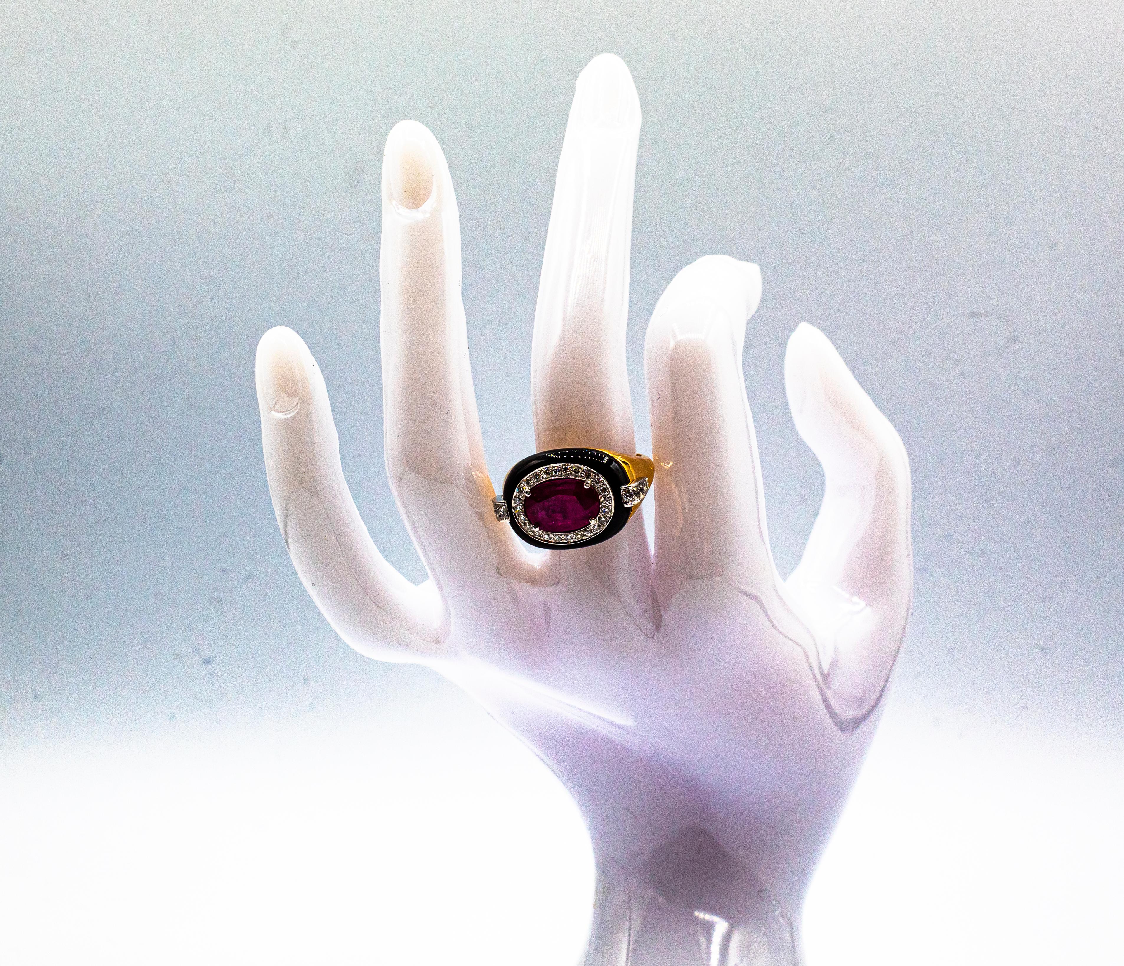 Art Deco Style Oval Cut Ruby White Diamond Onyx Yellow Gold Cocktail Ring 12