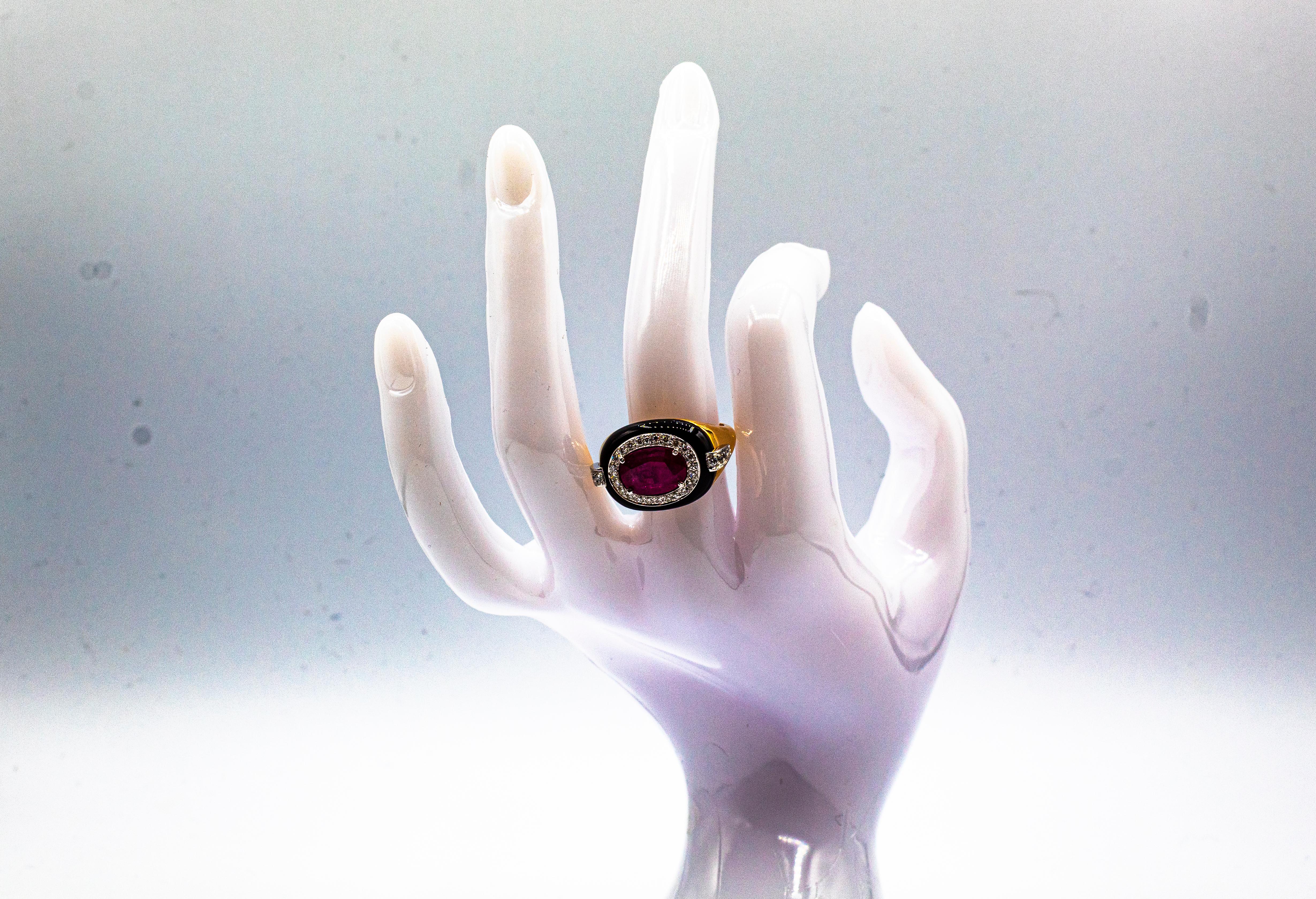 Art Deco Style Oval Cut Ruby White Diamond Onyx Yellow Gold Cocktail Ring 13