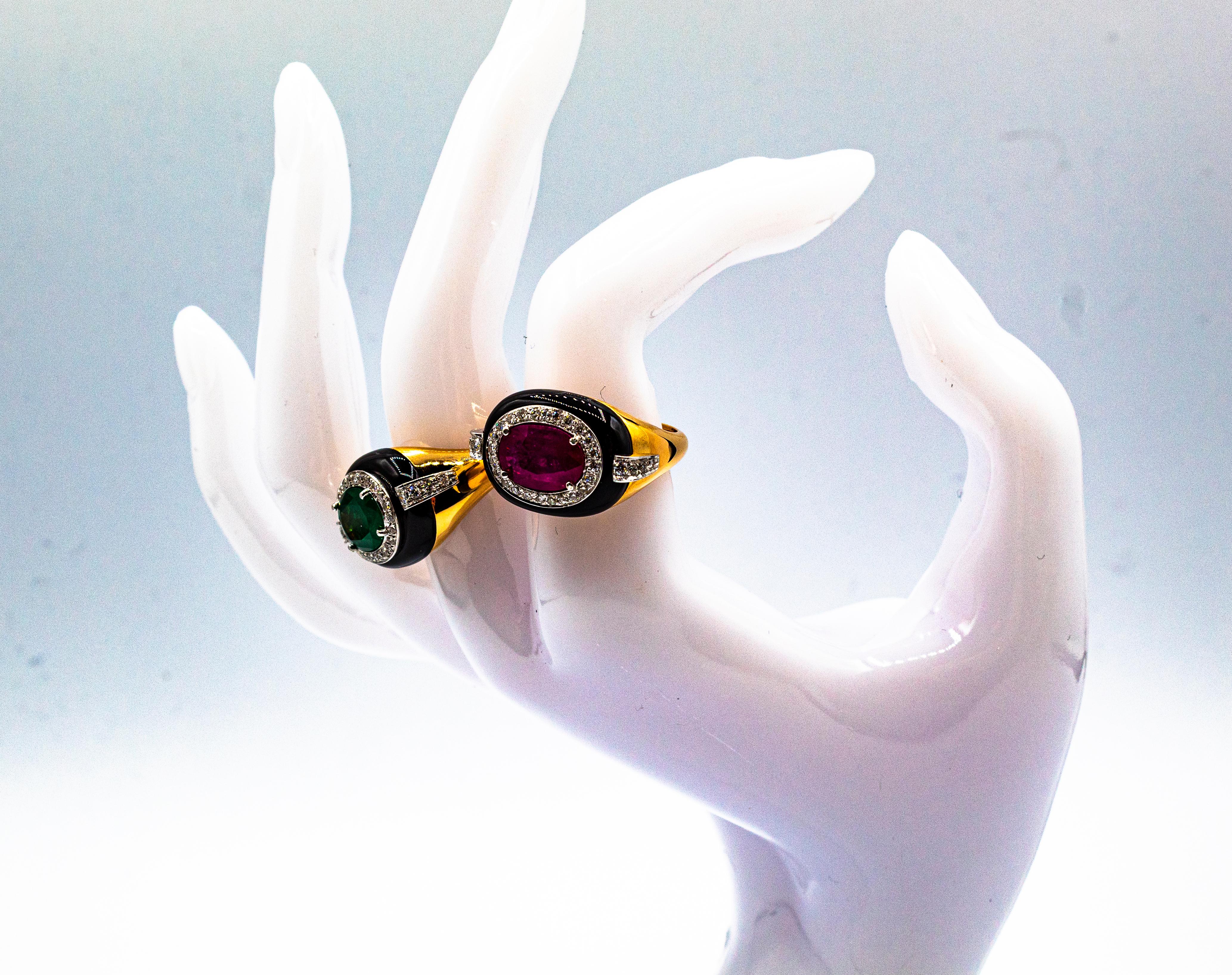 Brilliant Cut Art Deco Style Oval Cut Ruby White Diamond Onyx Yellow Gold Cocktail Ring