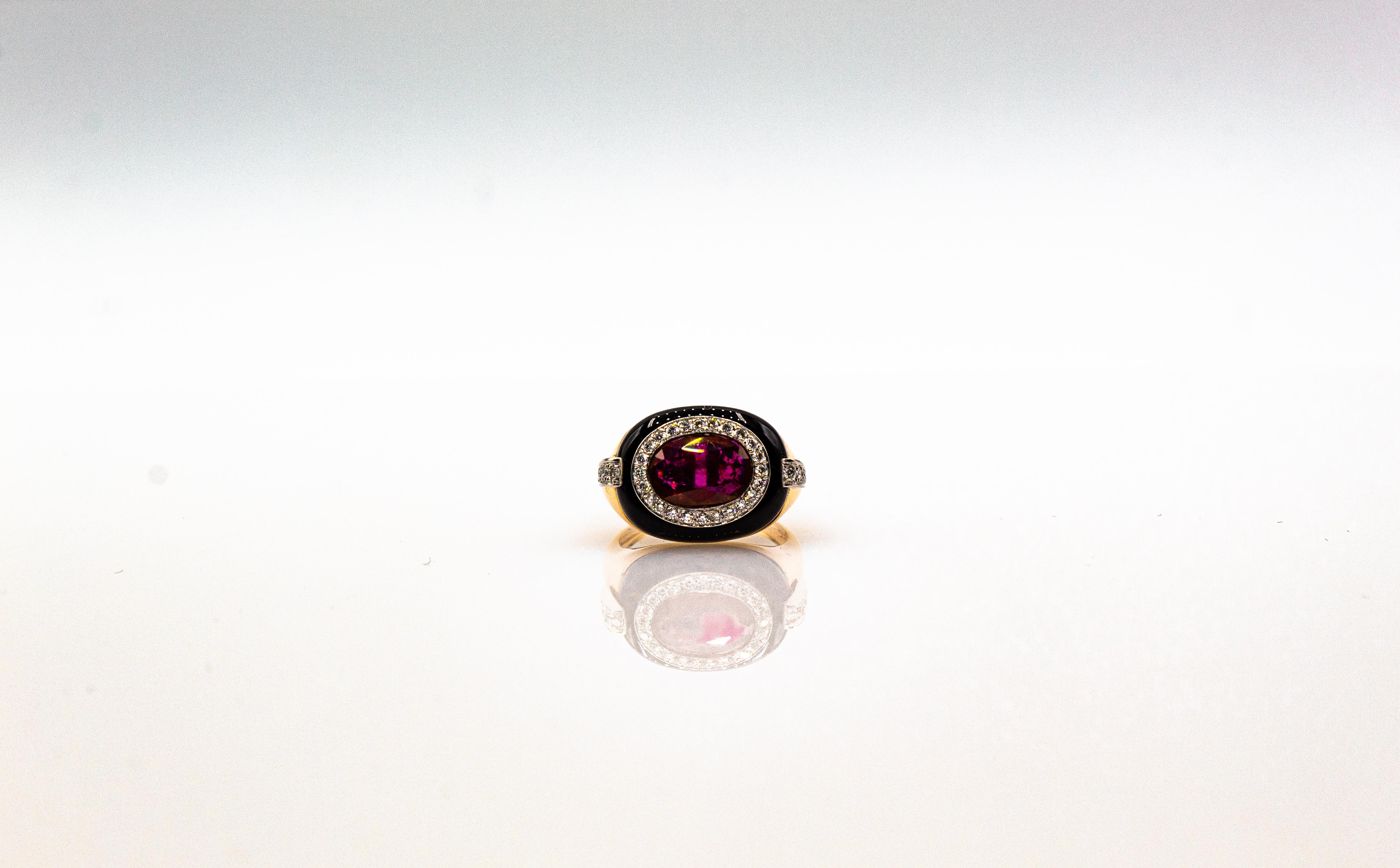 Brilliant Cut Art Deco Style Oval Cut Ruby White Diamond Onyx Yellow Gold Cocktail Ring For Sale