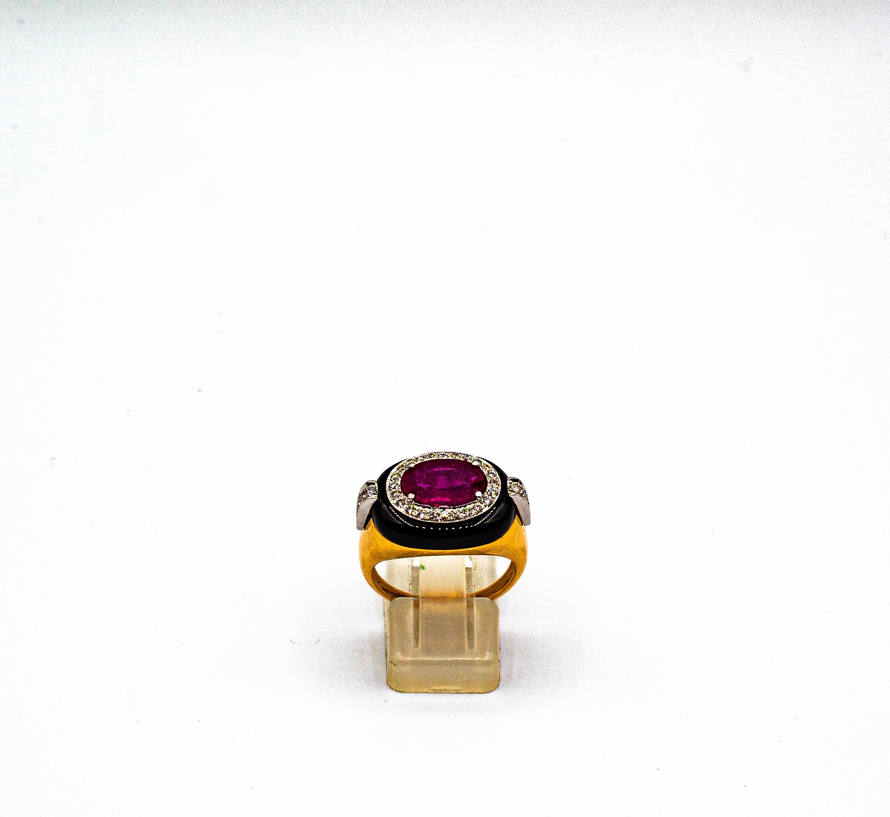 Art Deco Style Oval Cut Ruby White Diamond Onyx Yellow Gold Cocktail Ring In New Condition In Naples, IT
