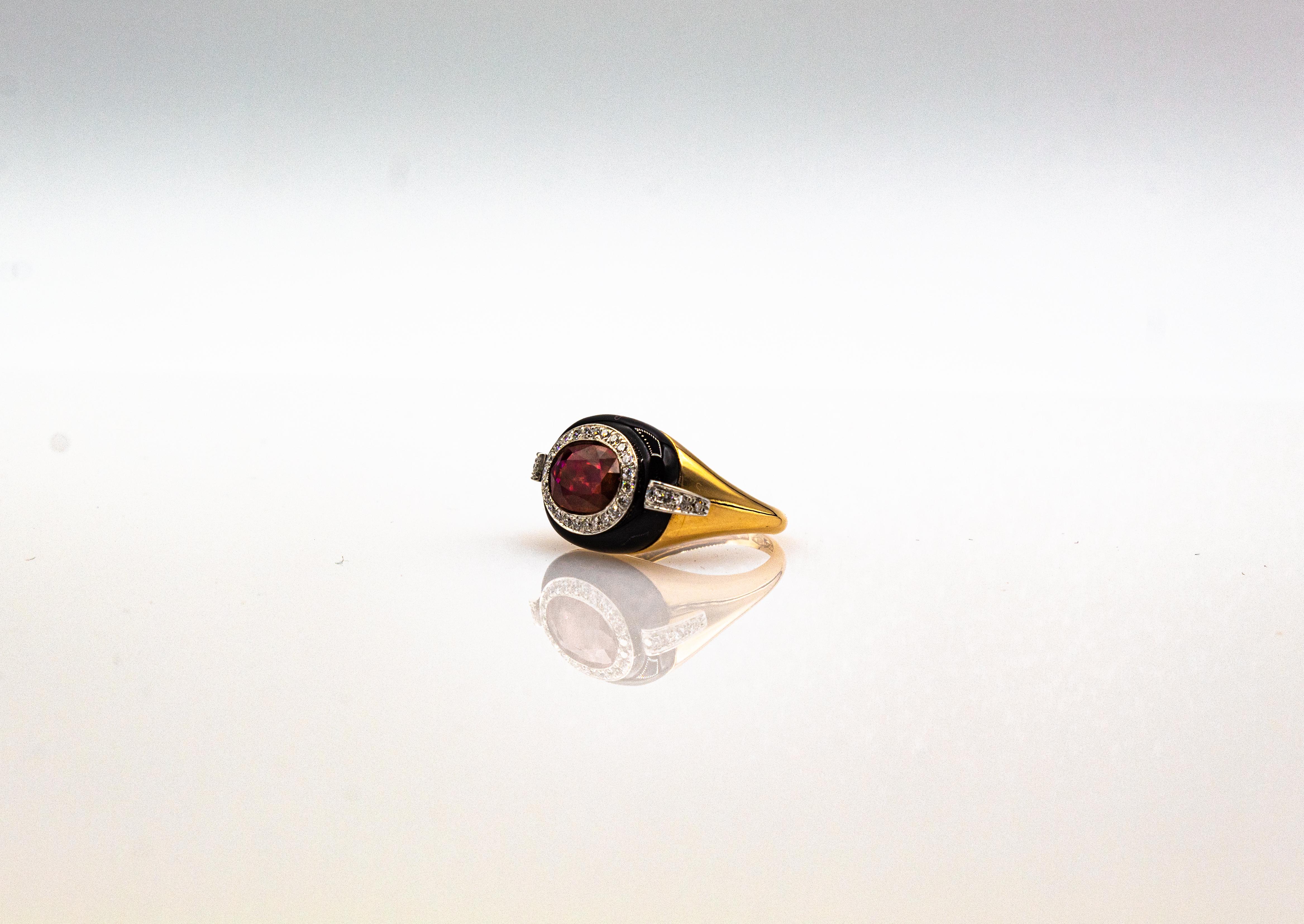 Art Deco Style Oval Cut Ruby White Diamond Onyx Yellow Gold Cocktail Ring In New Condition For Sale In Naples, IT