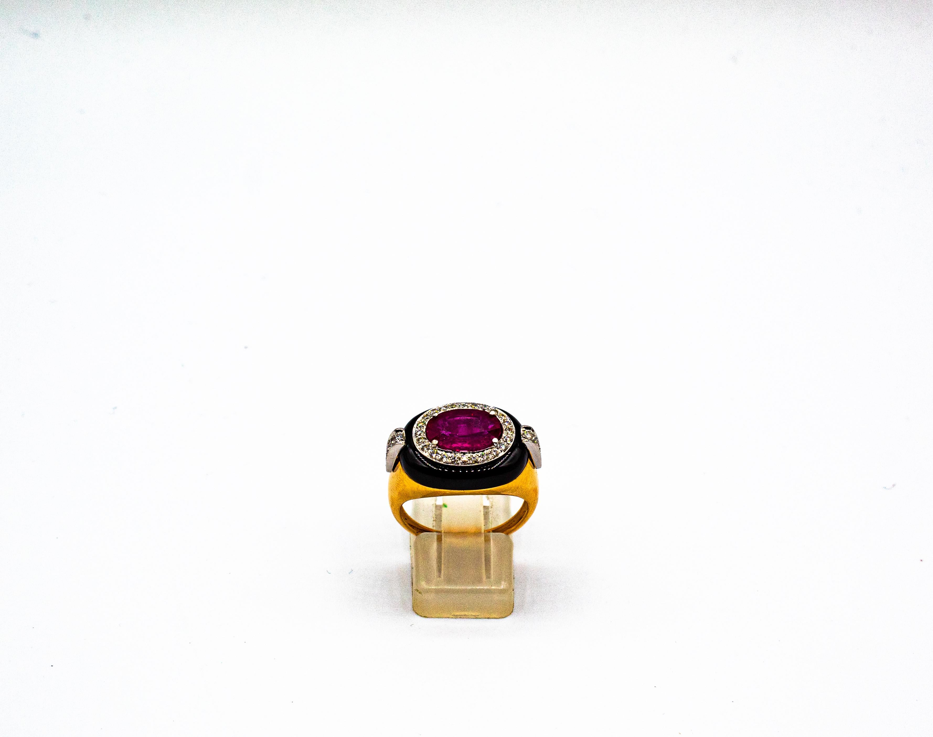 Women's or Men's Art Deco Style Oval Cut Ruby White Diamond Onyx Yellow Gold Cocktail Ring