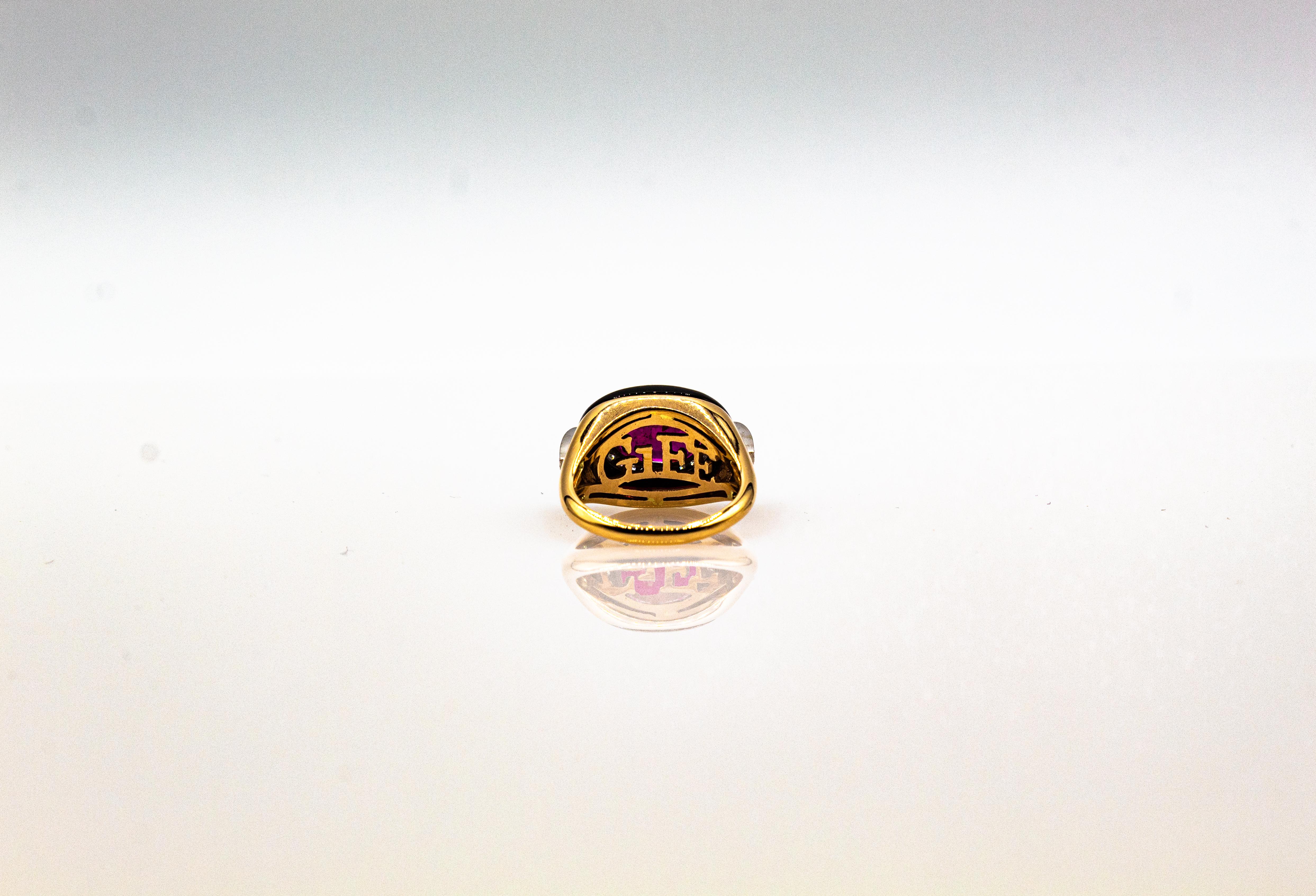 Femenino o masculino Anillo de Cóctel de Oro Amarillo con Ónix y Diamante Blanco y Rubí de Corte Ovalado Estilo Art Decó