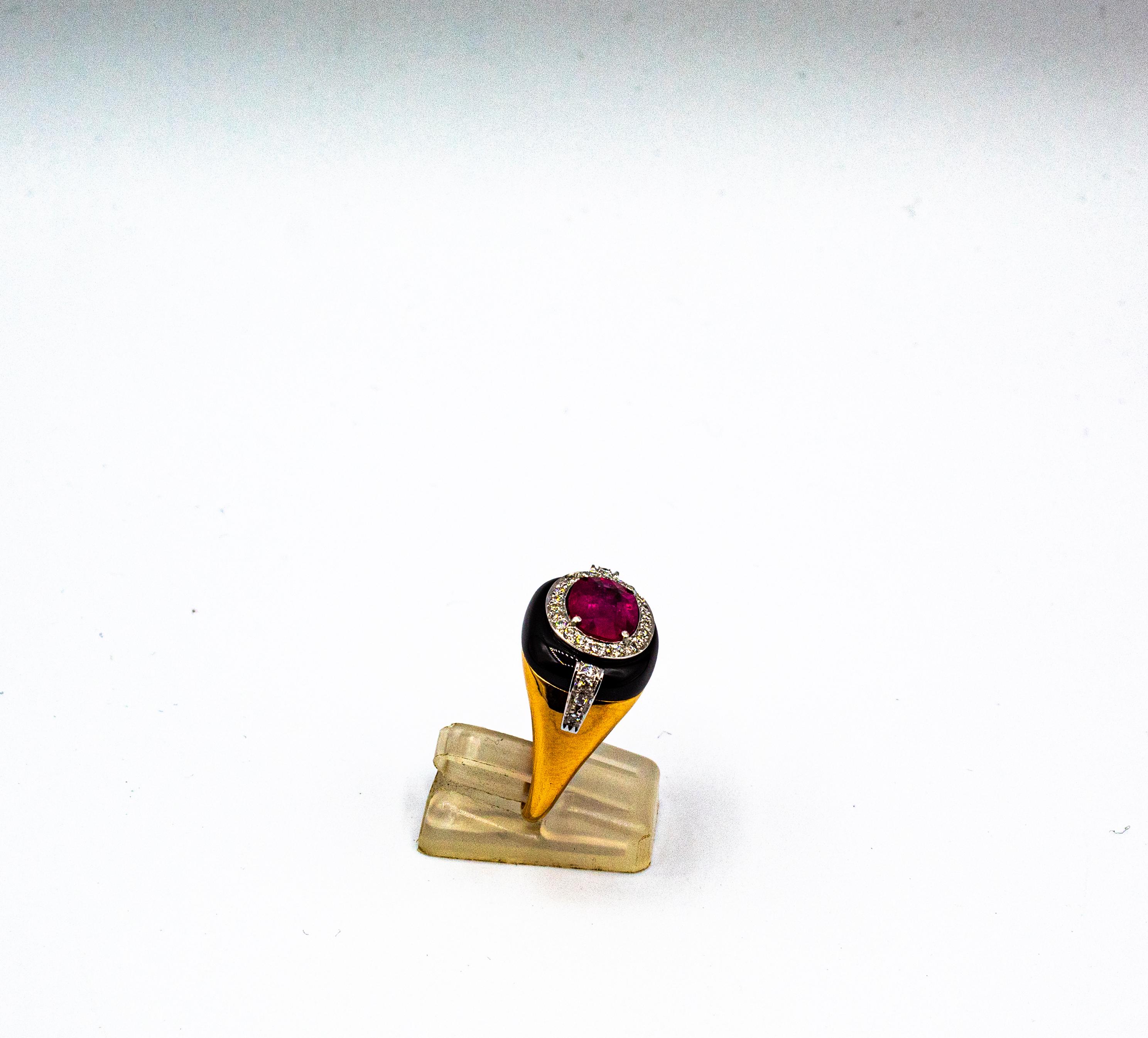 Art Deco Style Oval Cut Ruby White Diamond Onyx Yellow Gold Cocktail Ring 1