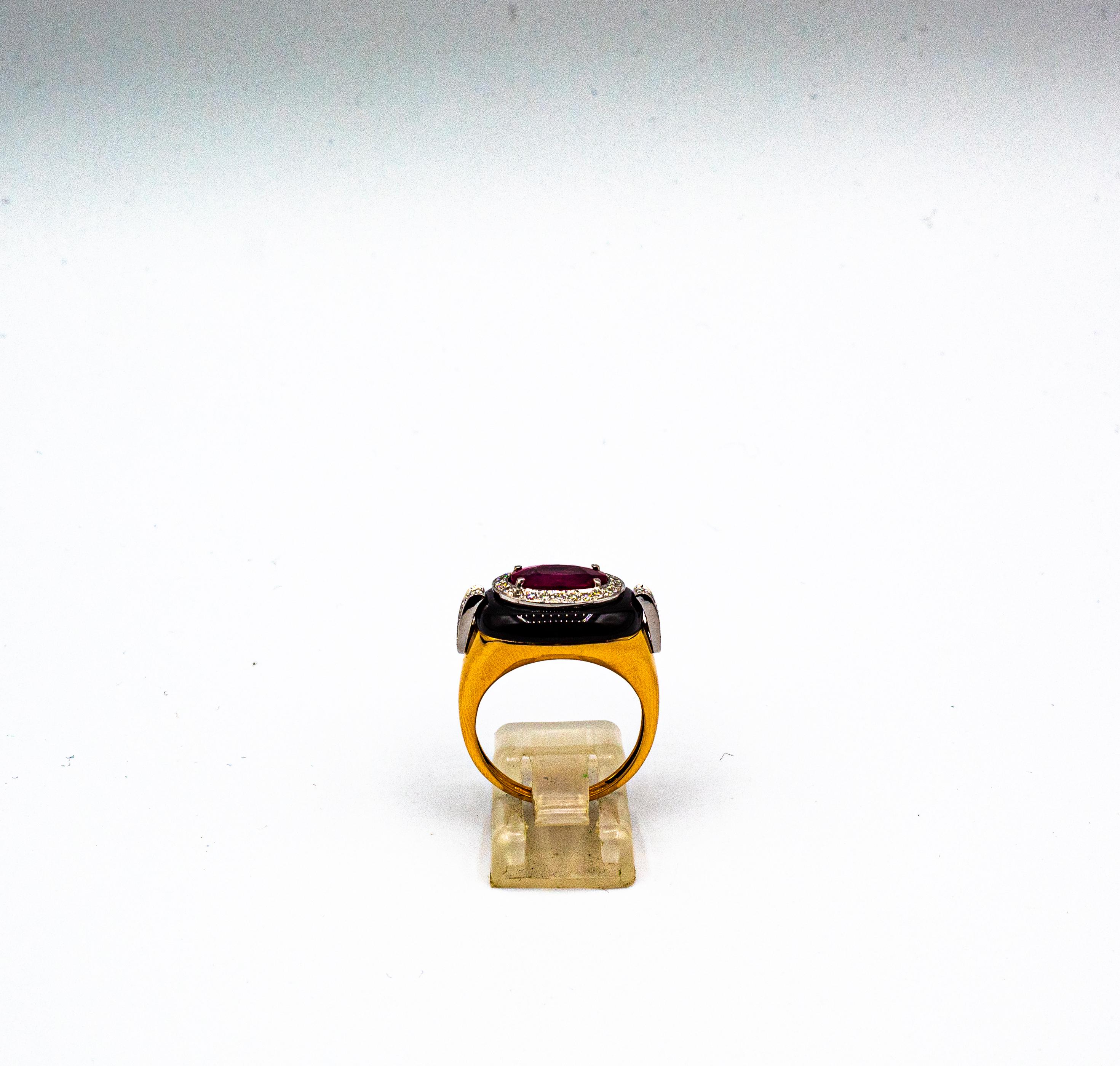 Art Deco Style Oval Cut Ruby White Diamond Onyx Yellow Gold Cocktail Ring 2