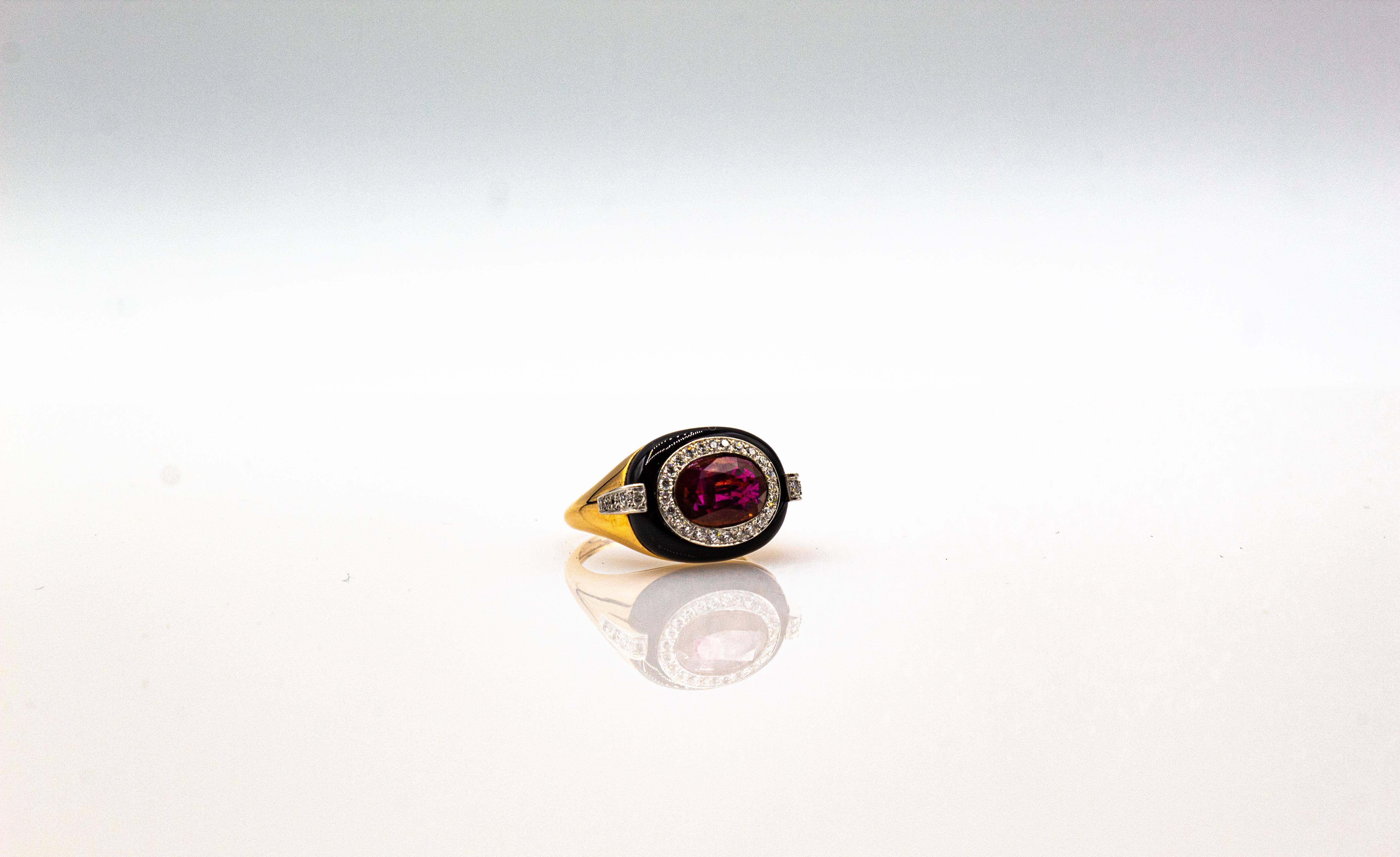 Art Deco Style Oval Cut Ruby White Diamond Onyx Yellow Gold Cocktail Ring For Sale 2