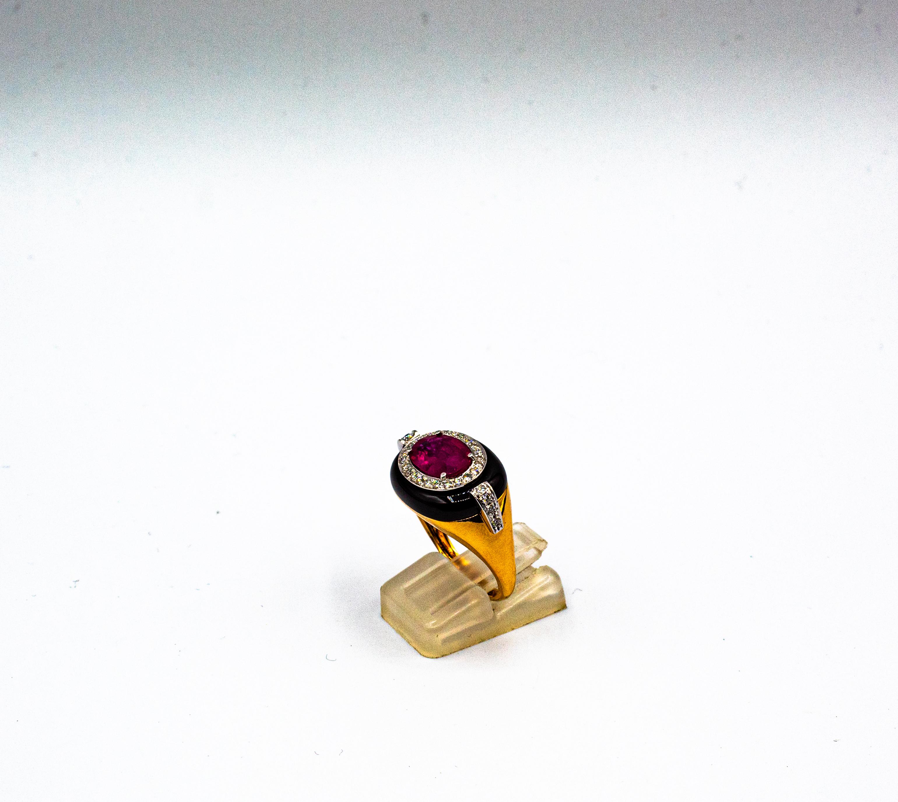 Art Deco Style Oval Cut Ruby White Diamond Onyx Yellow Gold Cocktail Ring 3
