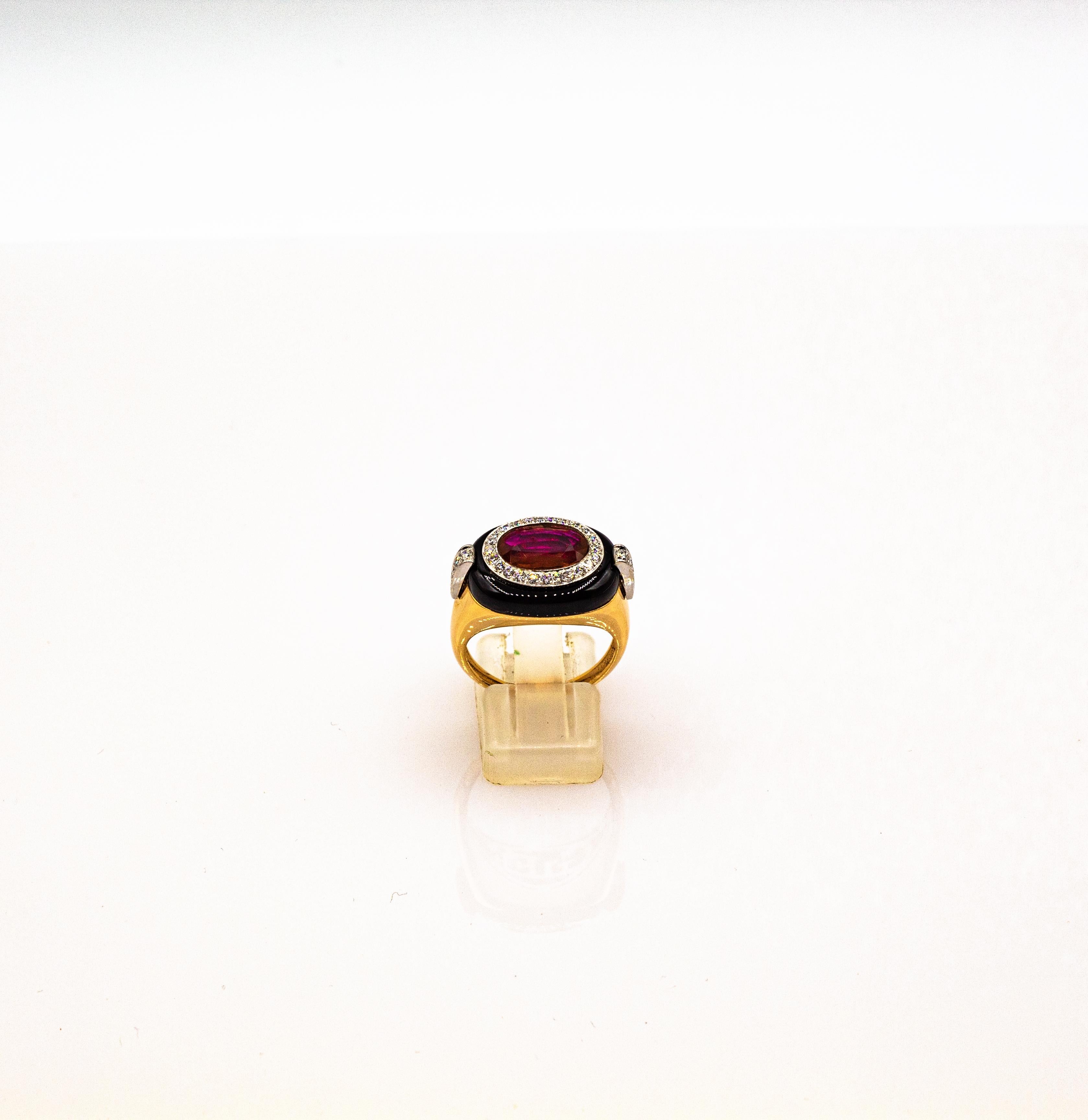 Art Deco Style Oval Cut Ruby White Diamond Onyx Yellow Gold Cocktail Ring For Sale 3