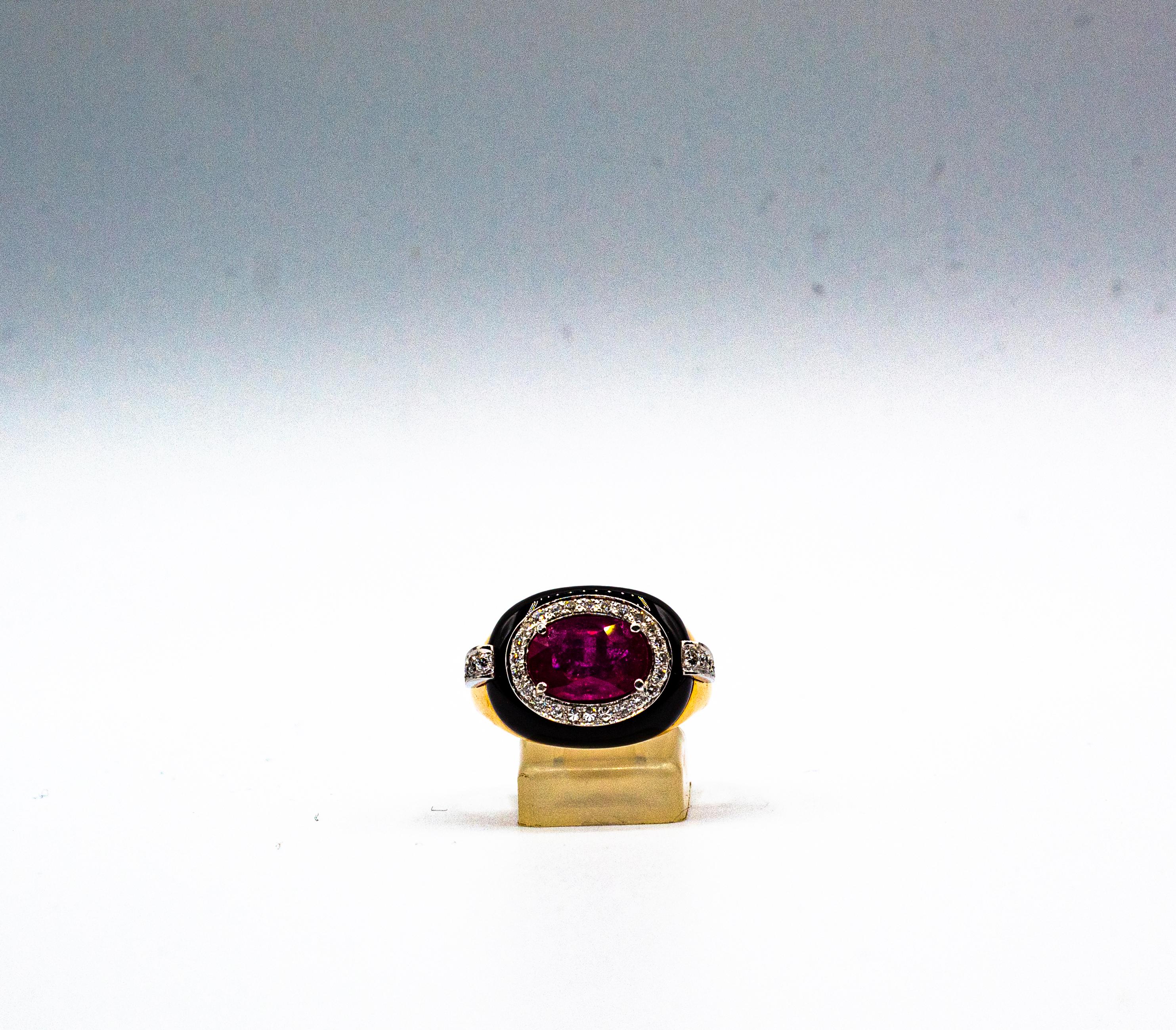 Art Deco Style Oval Cut Ruby White Diamond Onyx Yellow Gold Cocktail Ring 4