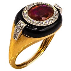 Art Deco Style Oval Cut Ruby White Diamond Onyx Yellow Gold Cocktail Ring