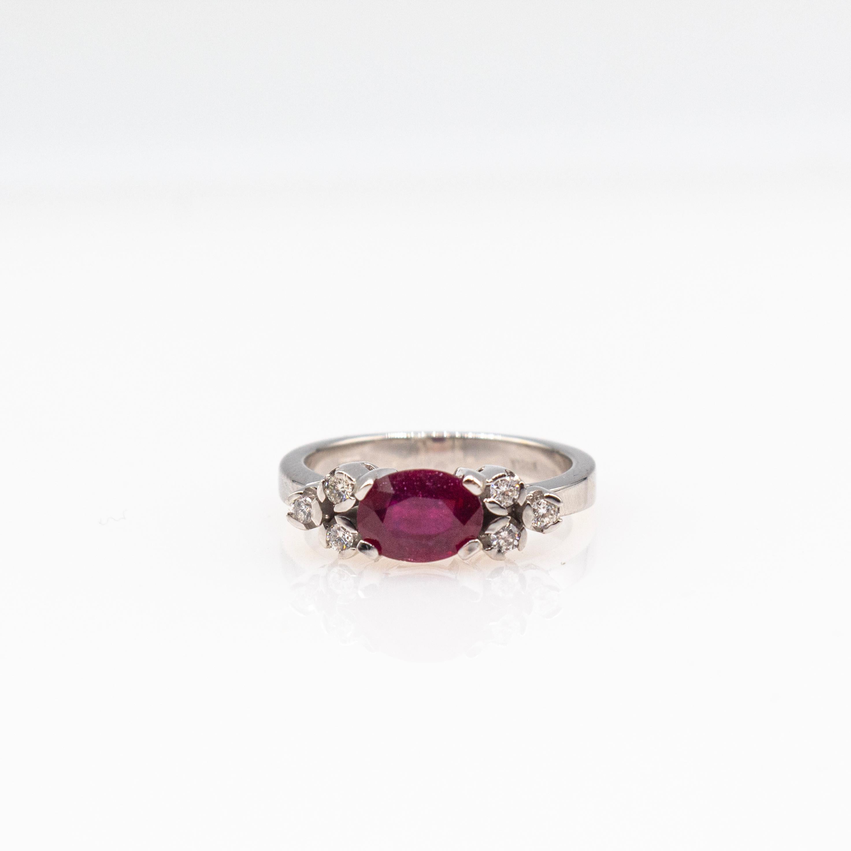 Art Deco Style Oval Cut Ruby White Diamond White Gold Cocktail Ring For Sale 2