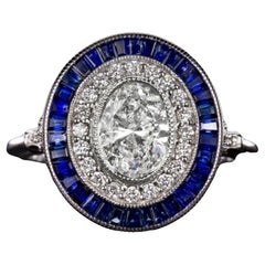 Art Deco Style Oval Diamond Blue Sapphire Ring