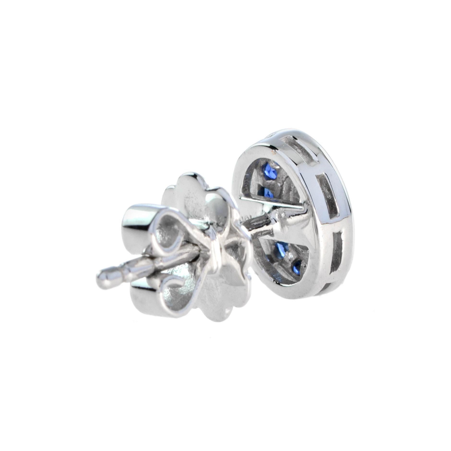 Pendientes de oro blanco de 14 quilates estilo art déco con diamantes ovalados y zafiro azul Art Decó en venta