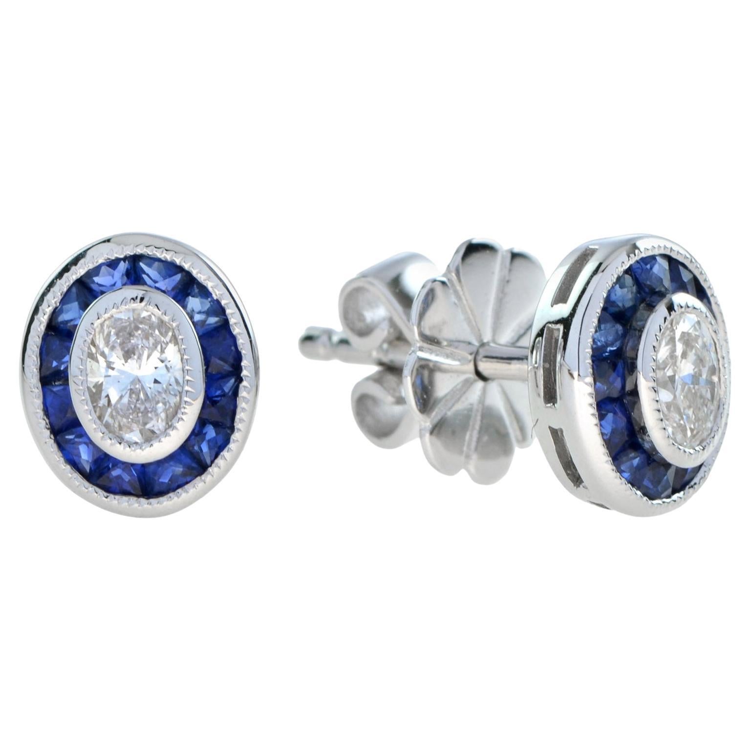 Art Deco Style Oval Diamonds with Blue Sapphire Stud 14K White Gold Earrings