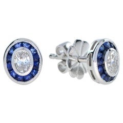 Art Deco Style Oval Diamonds with Blue Sapphire Stud 14K White Gold Earrings