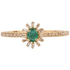 Art Deco Style Oval Emerald & Baguette Diamond Sunburst Ring in 18K Yellow Gold