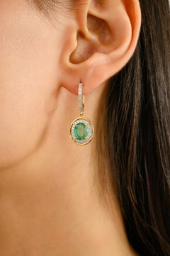 Art Deco Style Oval Emerald & Diamond 14k Yellow Gold Lever-Back Drop Earrings