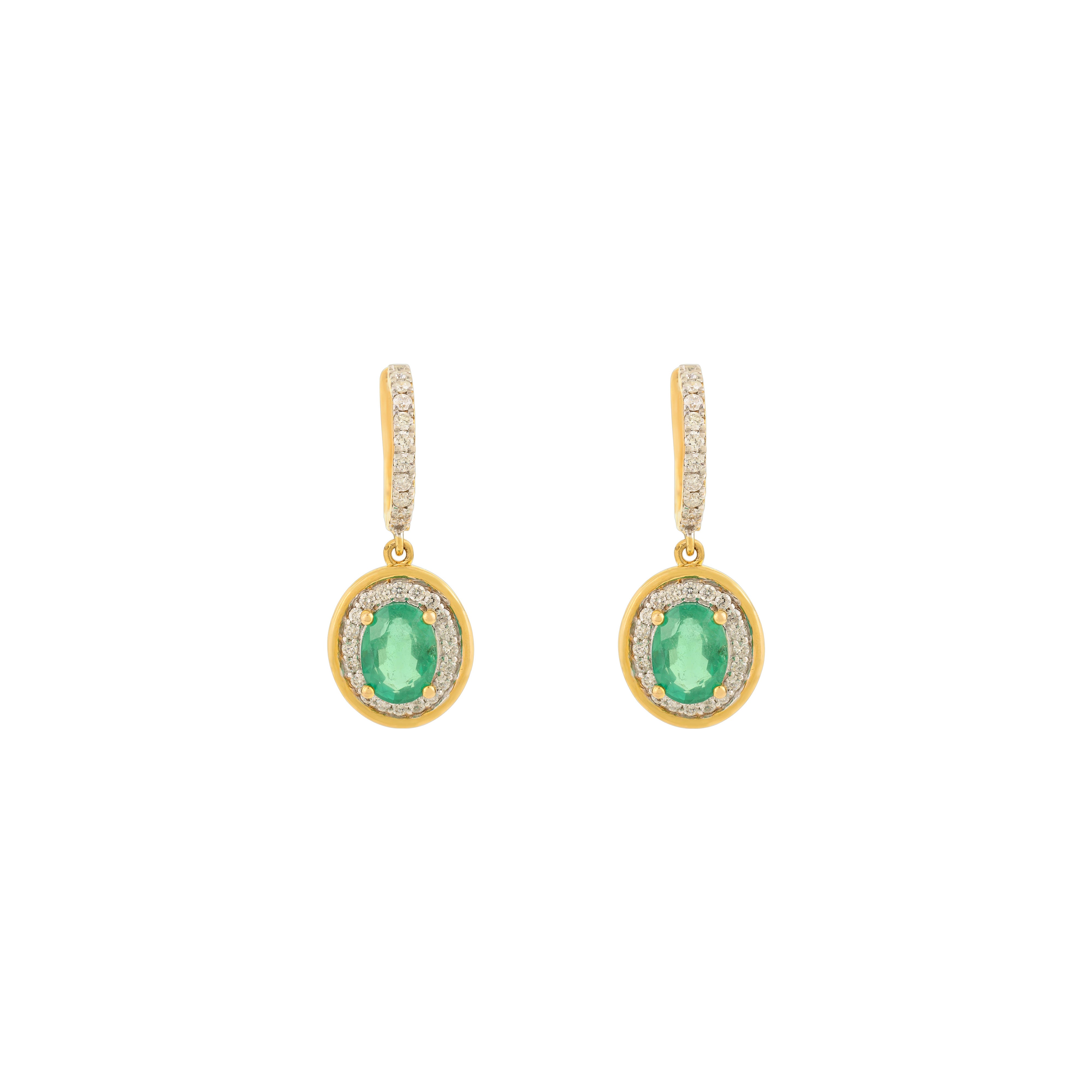 Pendientes de Gota Ovalados de Esmeralda y Diamante en Oro Amarillo de 14k Estilo Art Decó