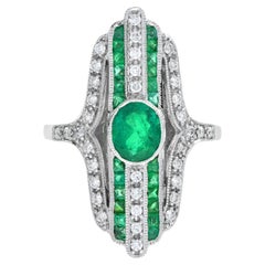 Art Deco Style Oval Emerald with Diamond and Cocktail Ring in 18K White Gold