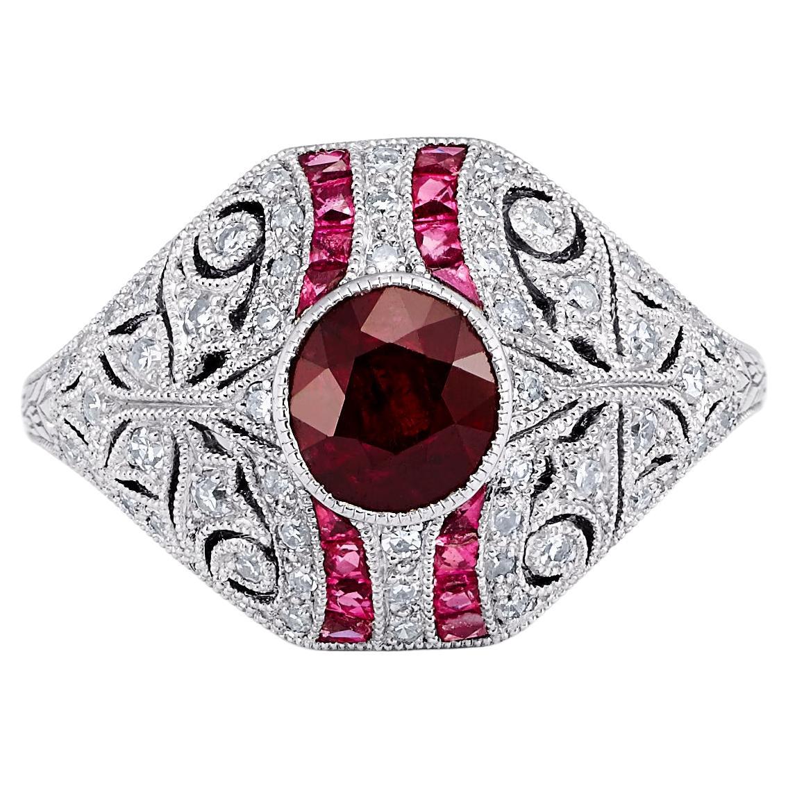 Art Deco Style Oval GIA 1.05 Ct Ruby Diamond 1.54 TCW Platinum Engagement Ring For Sale