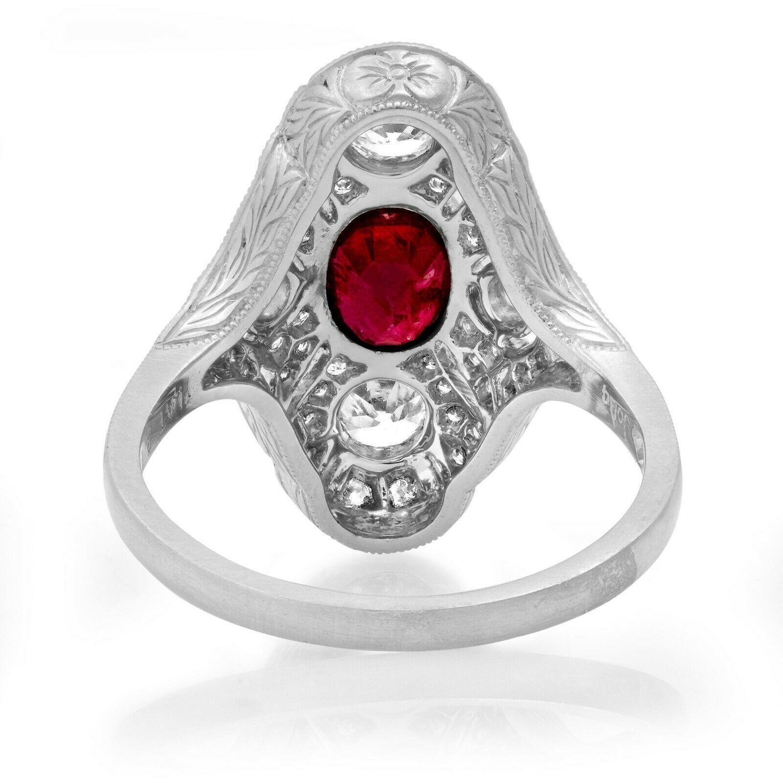 Ruby (1.28 total carat weight) and diamond (0.69 total carat weight) antique inspired cocktail ring in 900 platinum. The ring is designed and handmade locally in Los Angeles by Sage Designs L.A. using earth-mined and conflict free diamonds and