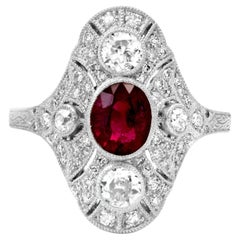 Art Deco Style Oval GIA 1.28 Ct Ruby Diamond 1.79 TCW Platinum Engagement Ring
