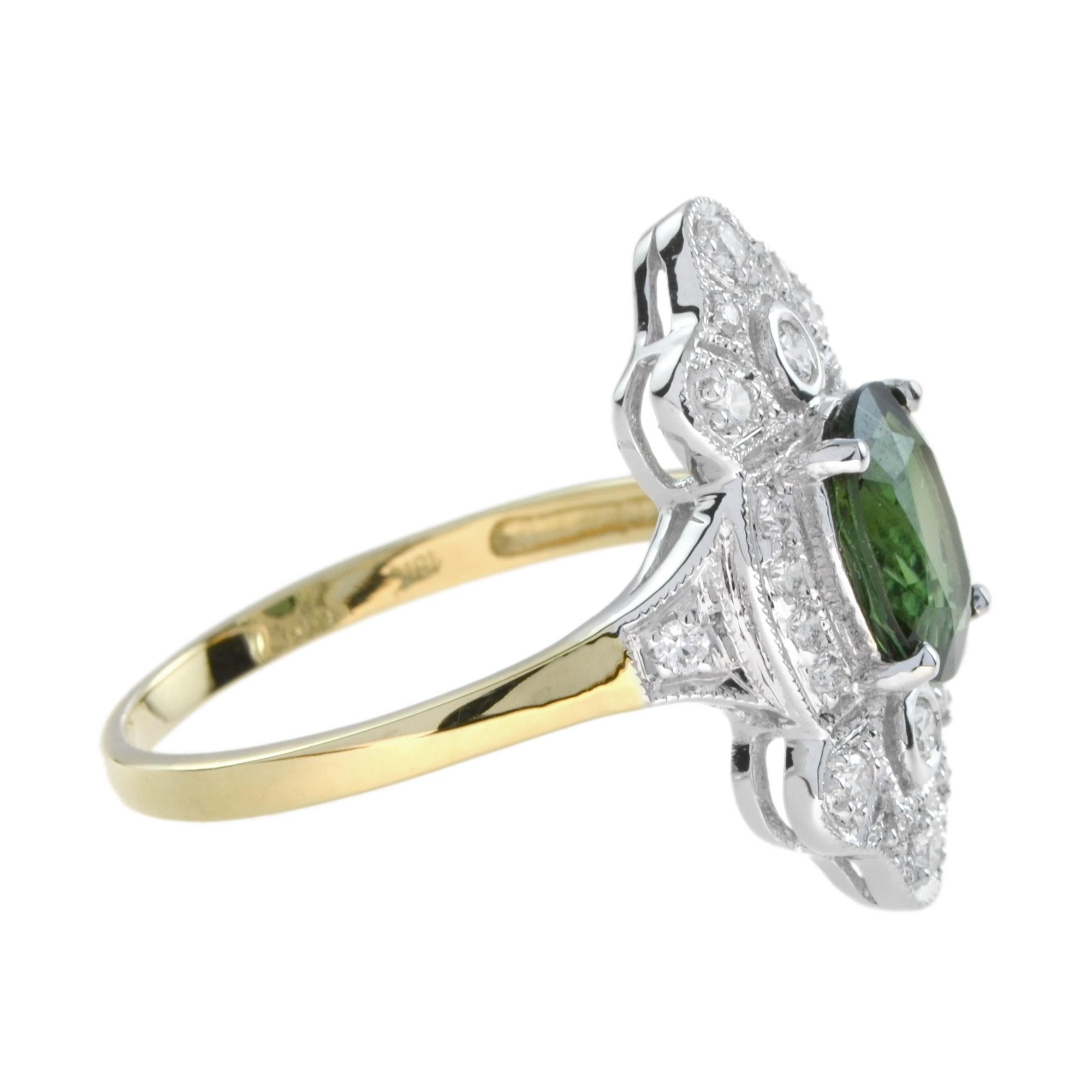 Art Deco Style Oval Green Tourmaline &  Diamond Halo 14K Gold Ring Art Decó en venta