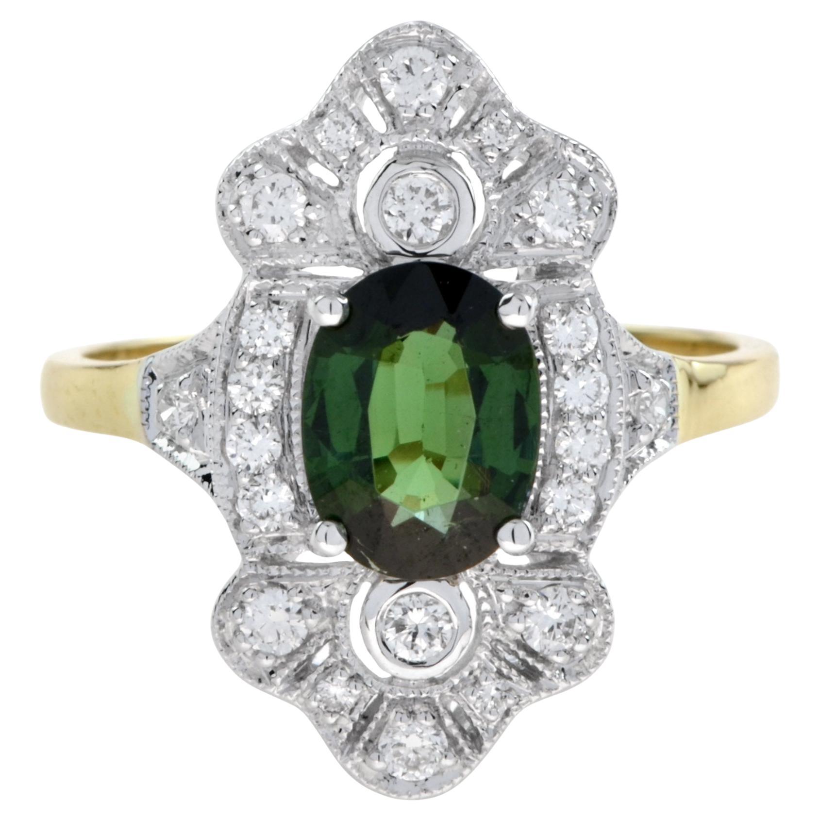 Art Deco Style Oval Green Tourmaline &  Diamond Halo 14K Gold Ring en venta