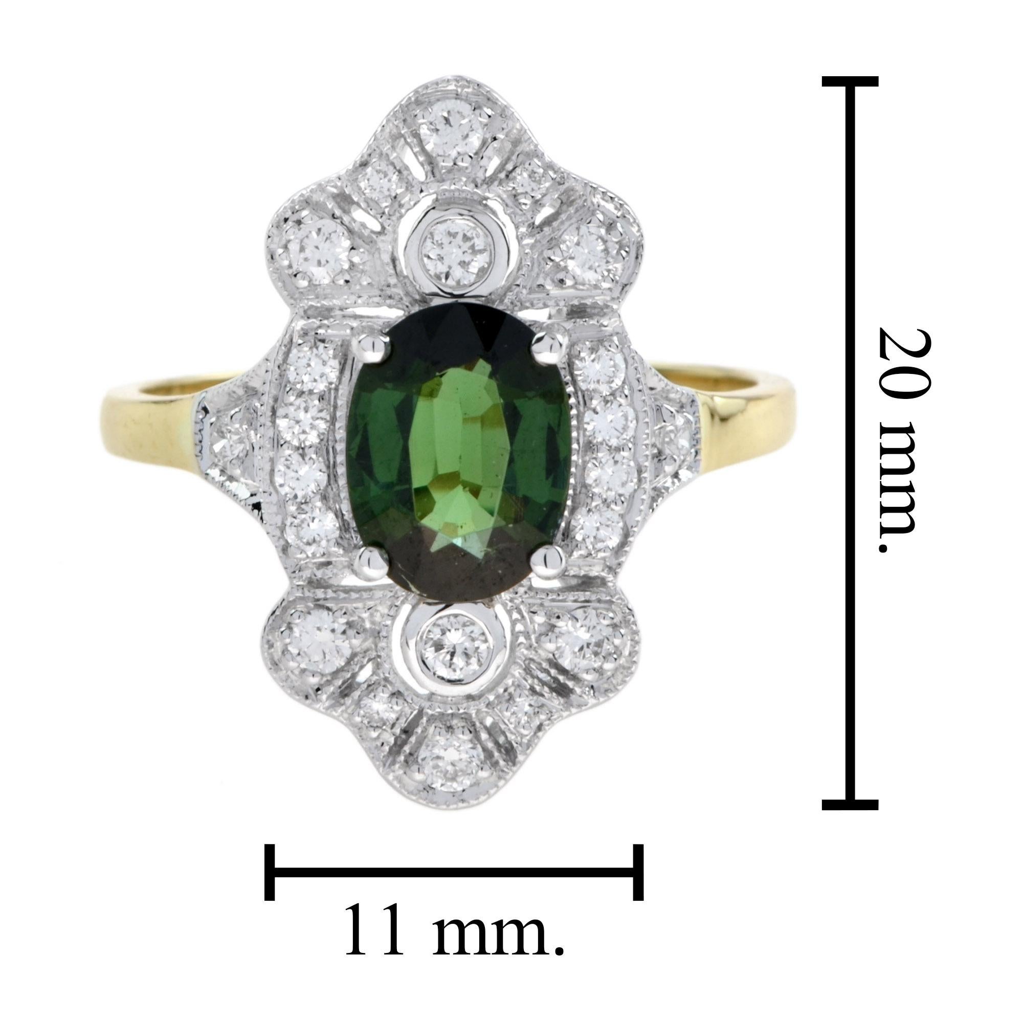 For Sale:  Art Deco Style Oval Green Tourmaline with Diamond Halo Ring in 18K Yellow Gold 7