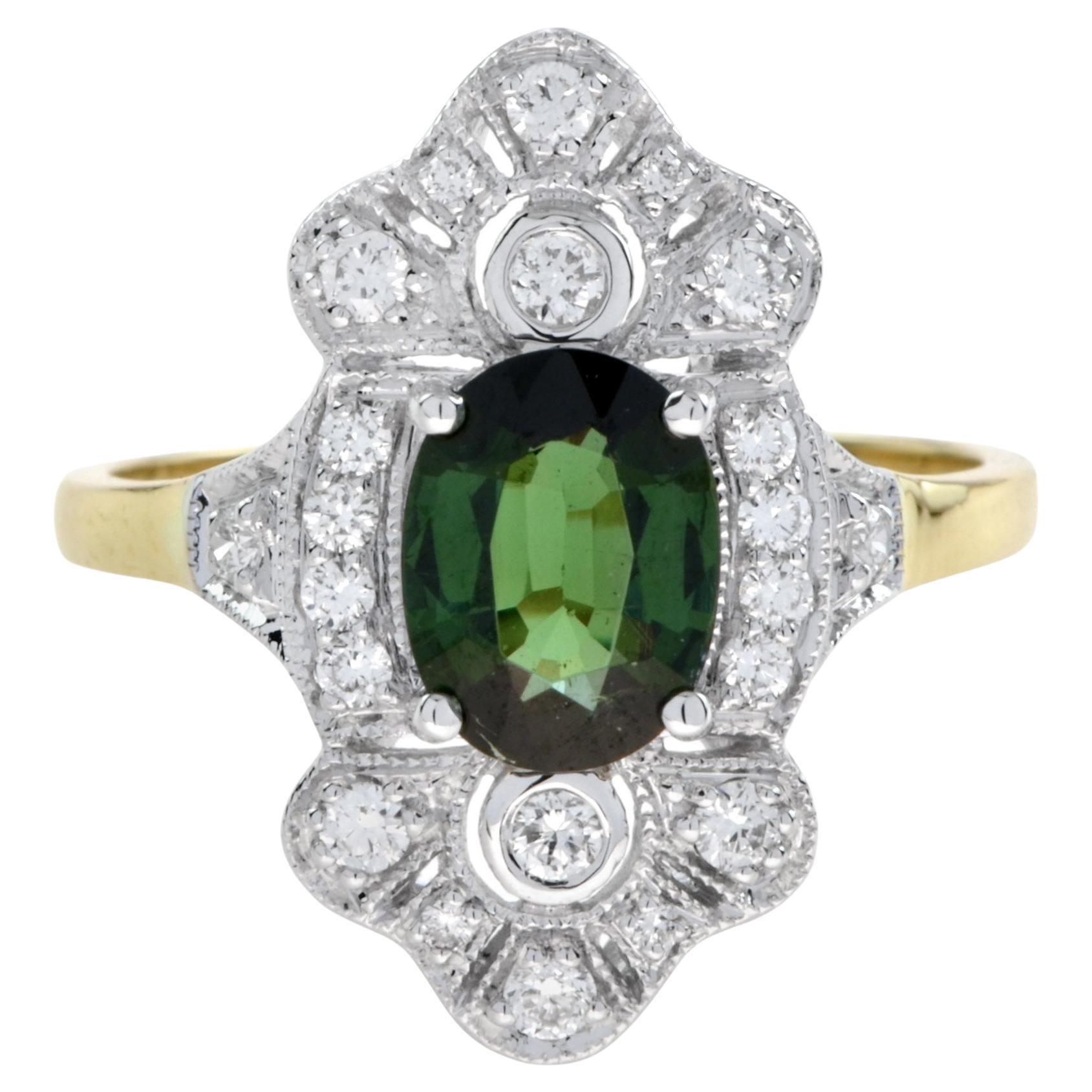 Ring im Art-Déco-Stil aus 18 Karat Gelbgold mit ovalem grünem Turmalin und Diamant Halo