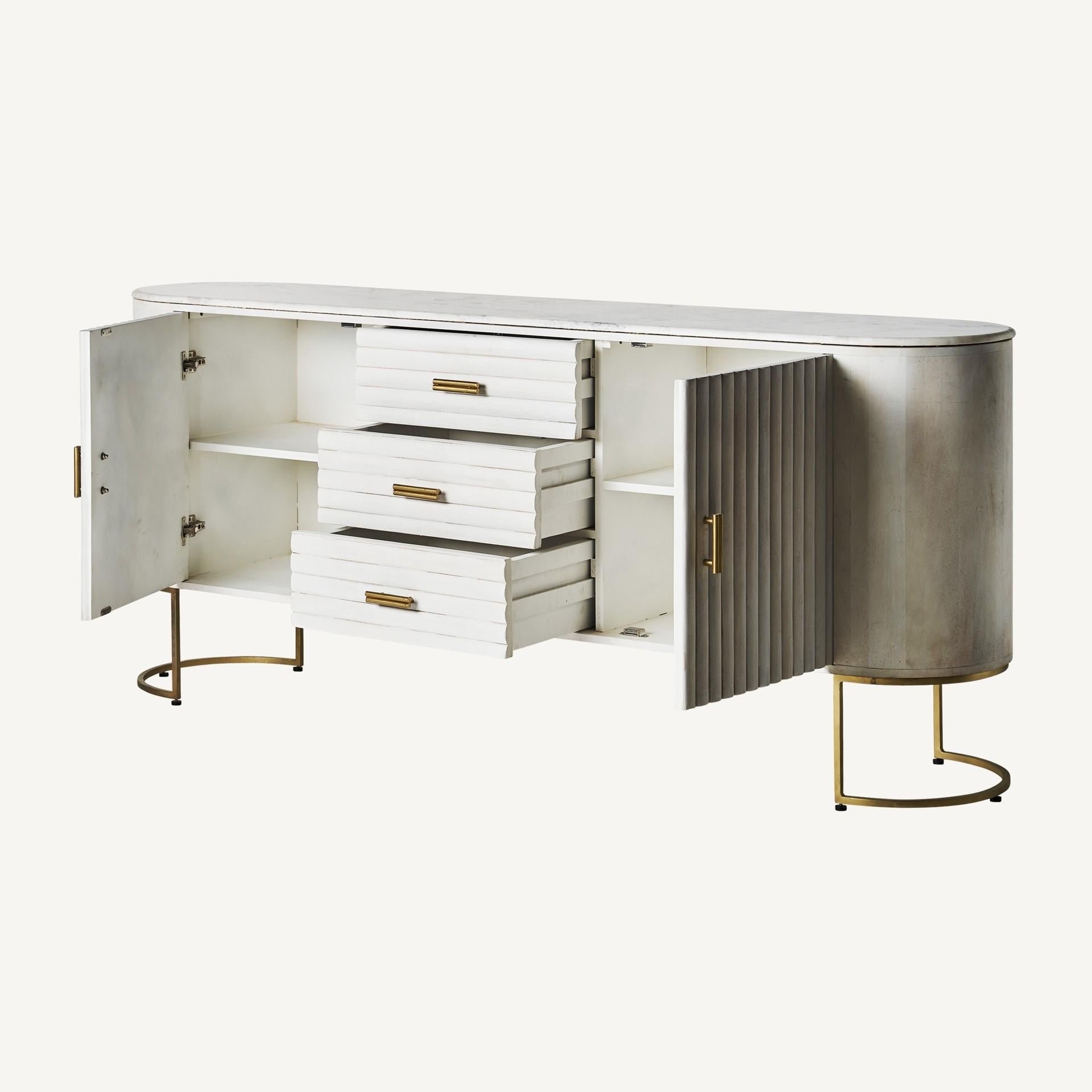 Art Deco Style oval marble tray, curved and rounded lines, white lacquered wooden cerused effect, for this sparkling and sophisticated cabinet with brass finishes, opening storage spaces and central drawers. Amazing!