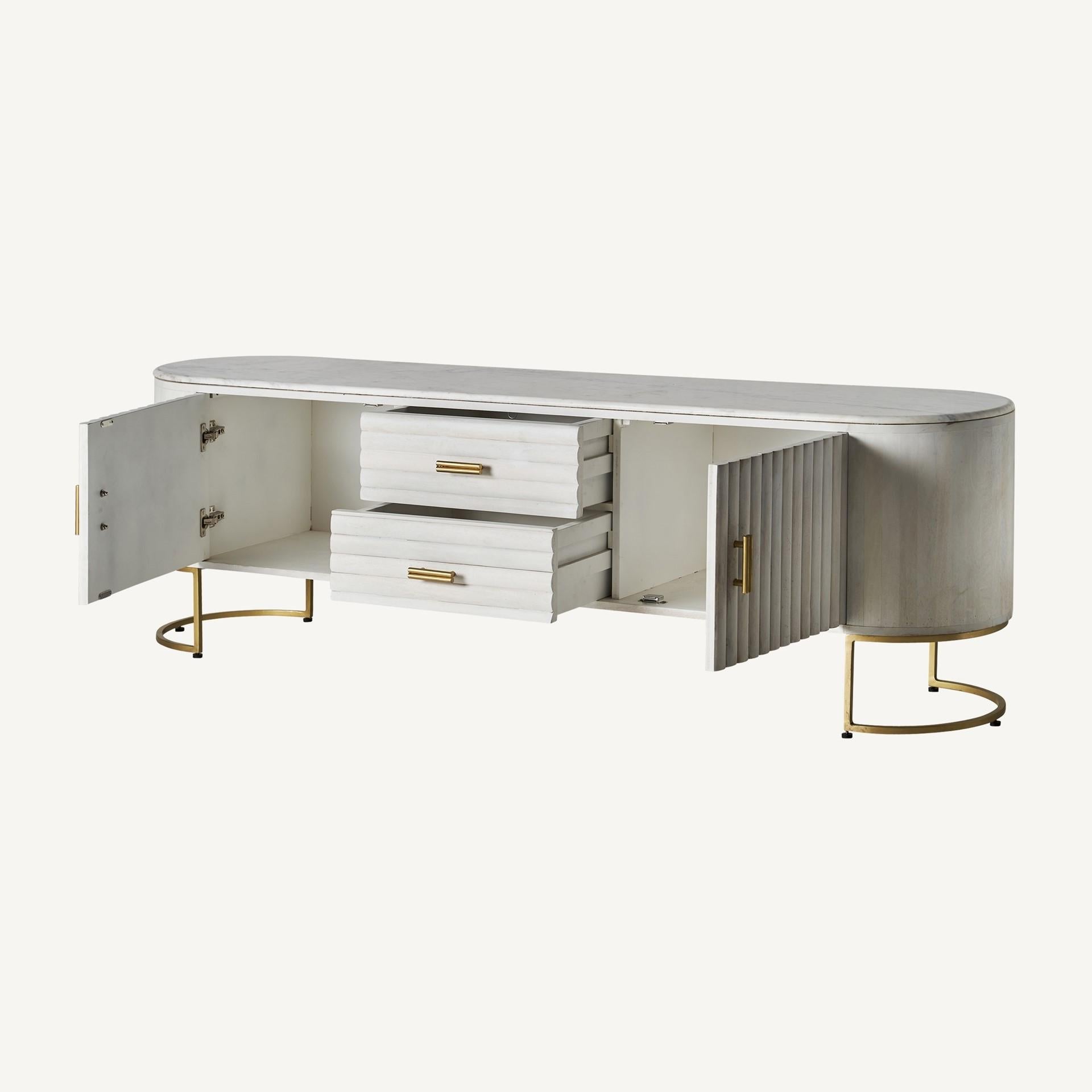 Contemporary Art Deco Style Oval Marble and White Cerused Wooden and Brass Finishes Sideboard