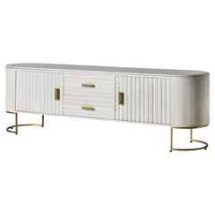 Art Deco Style Oval Marble and White Cerused Wooden and Brass Finishes Sideboard