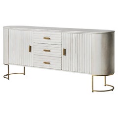 Art Deco Style Oval Marble and White Cerused Wooden and Brass Finishes Sideboard