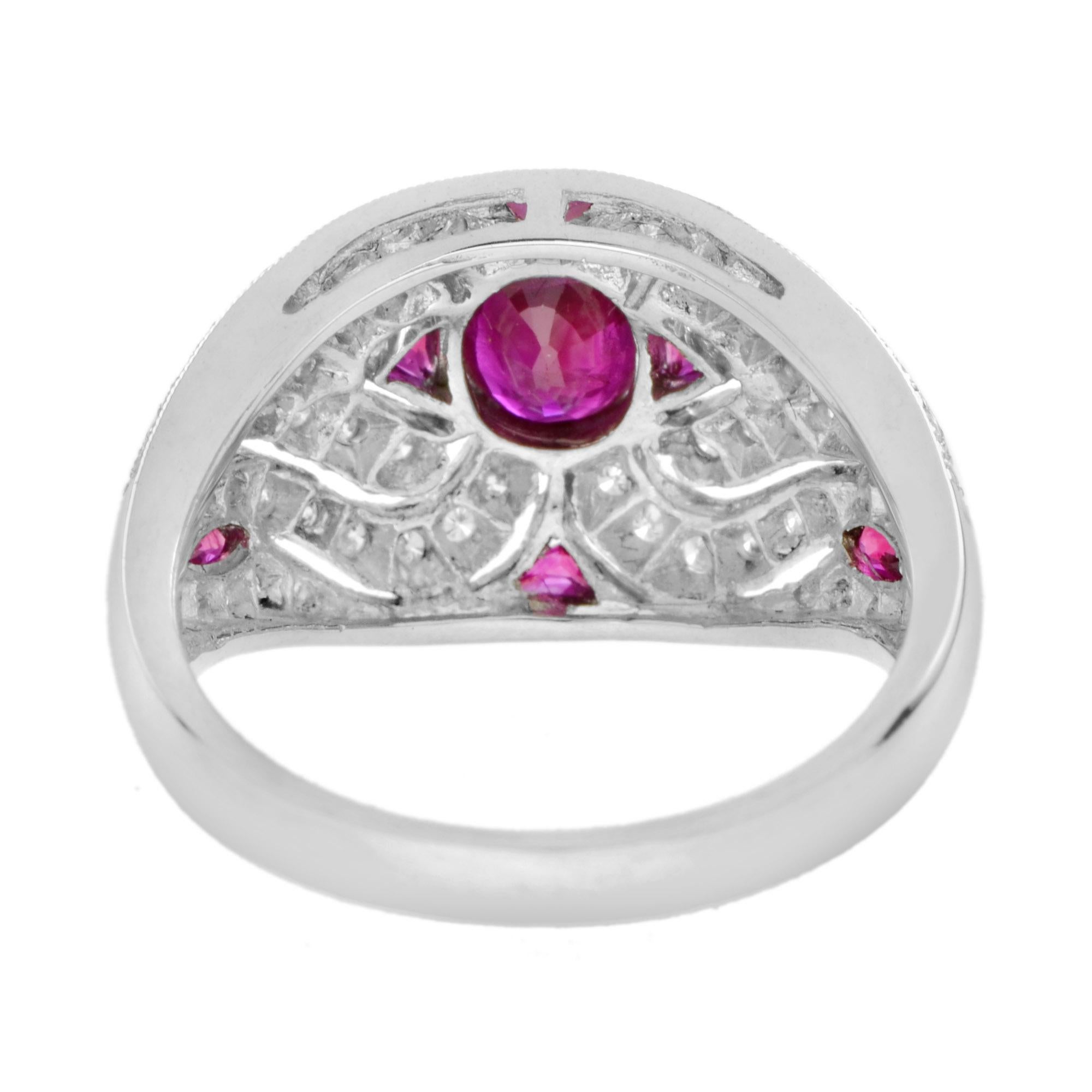 Art Deco Style Oval Ruby and Diamond Bombe Ring in 18K White Gold In New Condition In Bangkok, TH