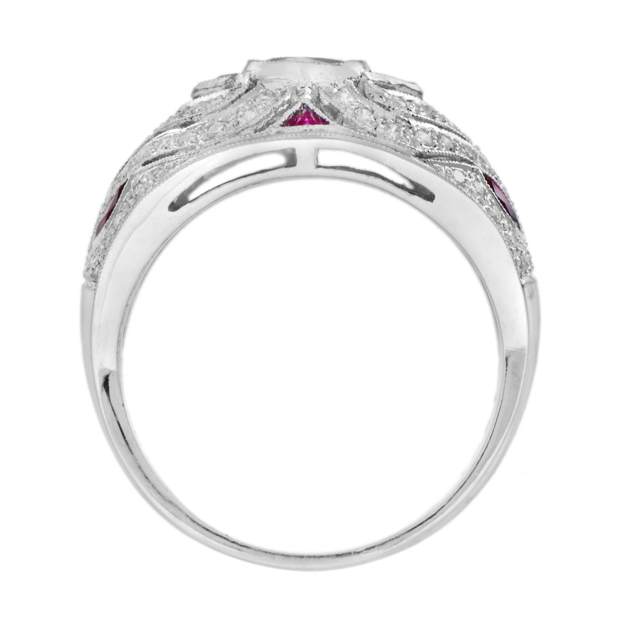 Women's Art Deco Style Oval Ruby and Diamond Bombe Ring in 18K White Gold