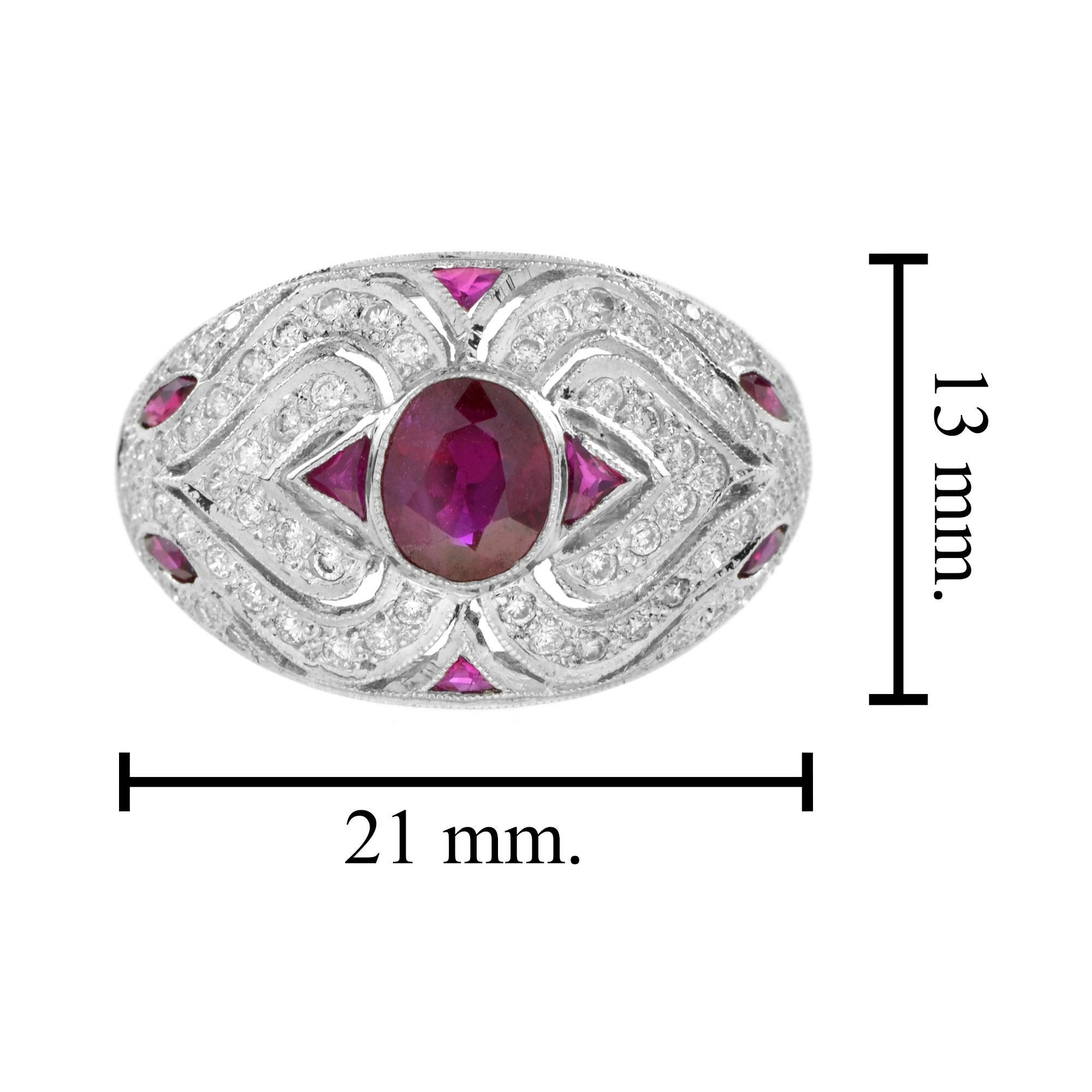 Art Deco Style Oval Ruby and Diamond Bombe Ring in 18K White Gold 1