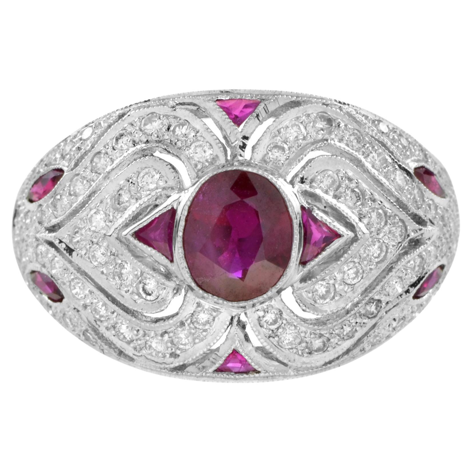 Art Deco Style Oval Ruby and Diamond Bombe Ring in 18K White Gold