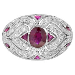 Art Deco Style Oval Ruby and Diamond Bombe Ring in 18K White Gold