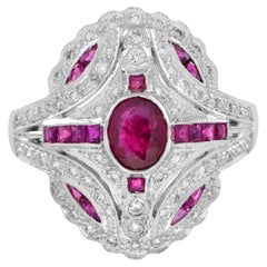Art Deco Style Oval Ruby and Diamond Cocktail Ring in 18K White Gold