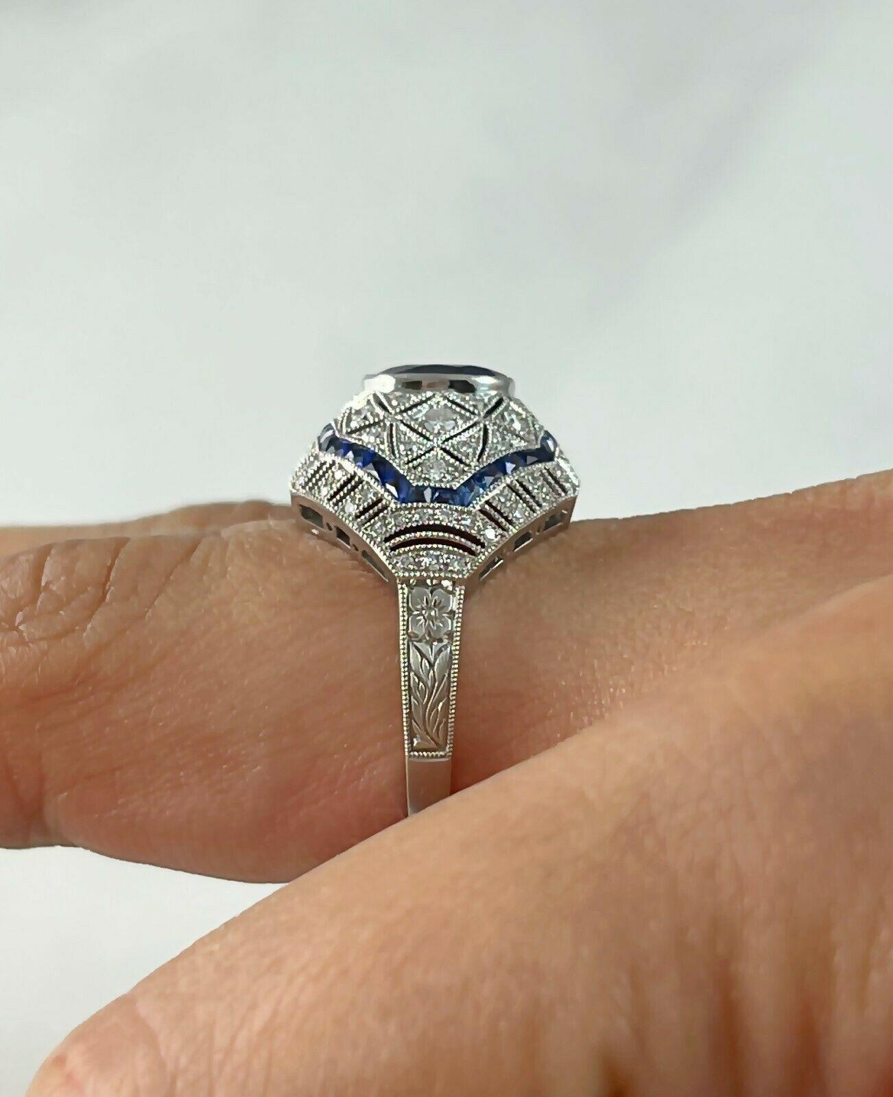 Women's Art Deco Style Oval Sapphire Diamond 2.51 TCW Platinum Engagement Handmade Ring For Sale