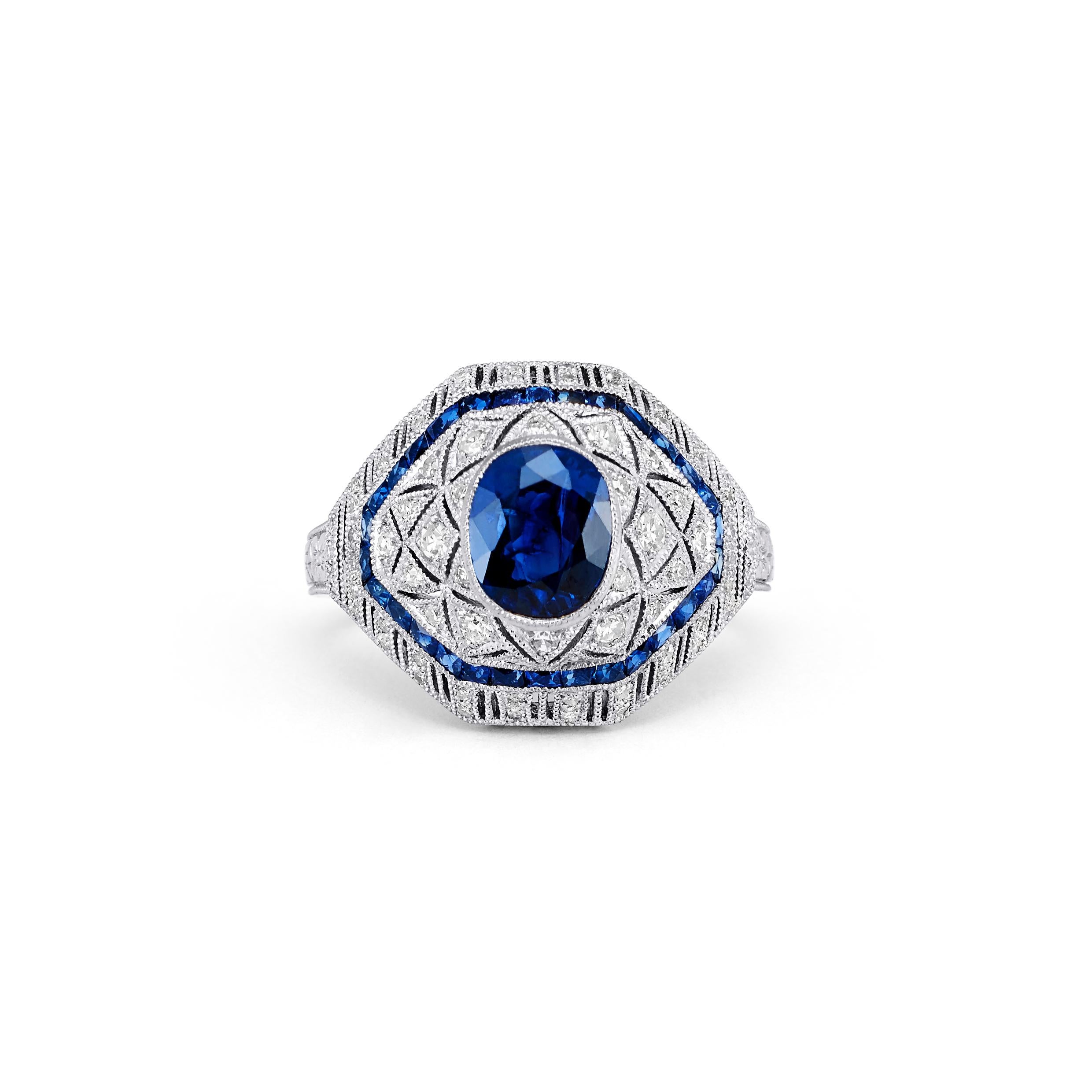 Art Deco Style Oval Sapphire Diamond 2.51 TCW Platinum Engagement Handmade Ring For Sale