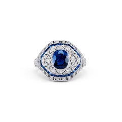 Art Deco Style Oval Sapphire Diamond 2.51 TCW Platinum Engagement Handmade Ring