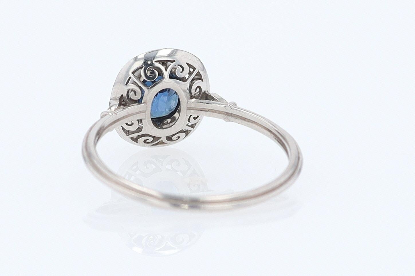 Oval Cut Art Deco Style Oval Sapphire Diamond Halo Engagement Ring For Sale