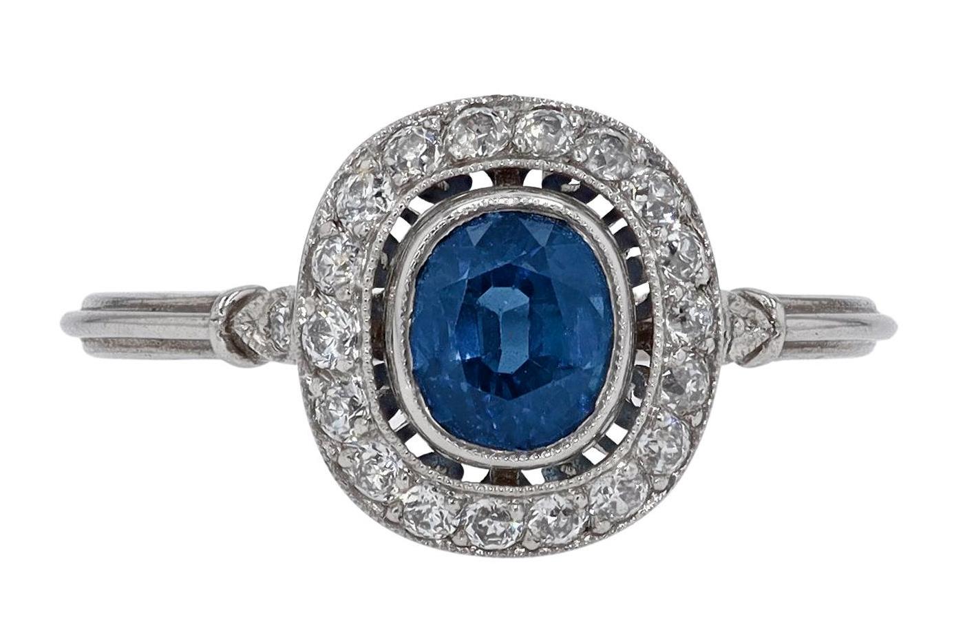 Women's Art Deco Style Oval Sapphire Diamond Halo Engagement Ring For Sale
