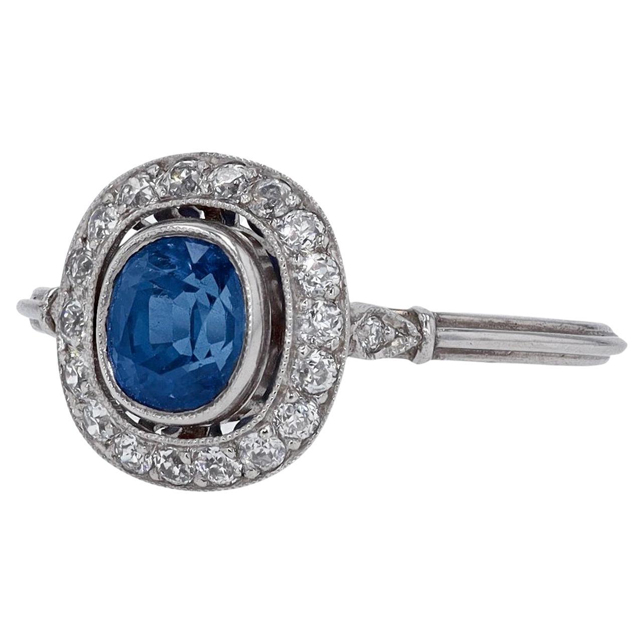 Art Deco Style Oval Sapphire Diamond Halo Engagement Ring For Sale