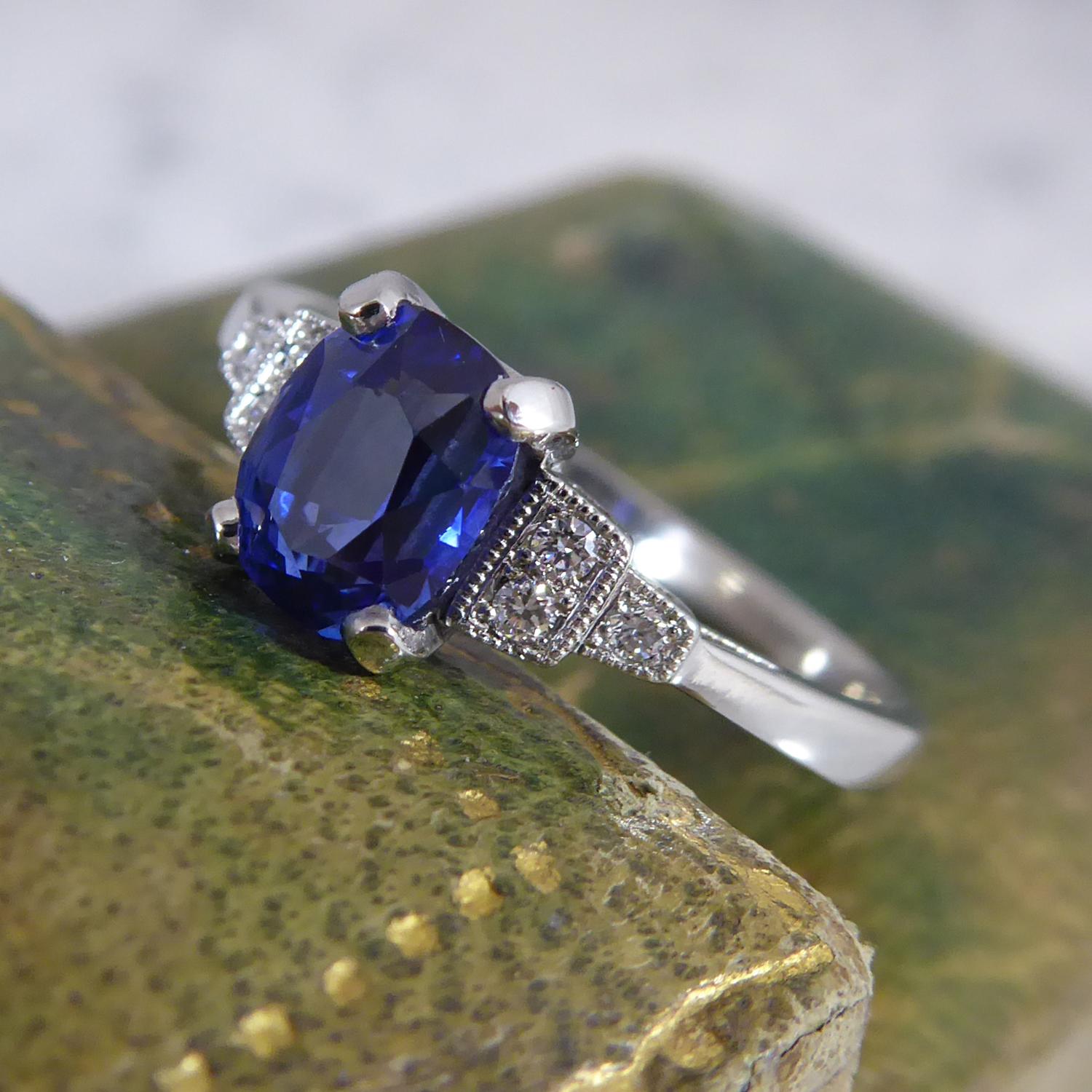 Oval Cut Art Deco Style Oval Sapphire Solitaire Ring Diamond Shoulders and Platinum Band