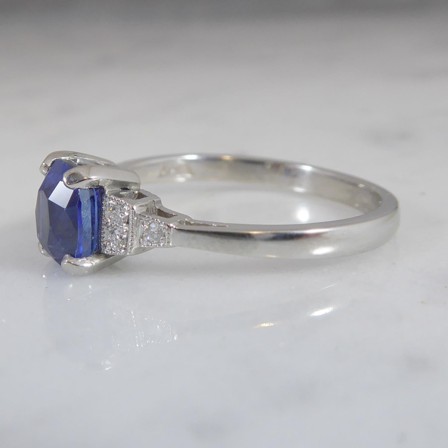 Art Deco Style Oval Sapphire Solitaire Ring Diamond Shoulders and Platinum Band In Excellent Condition In Yorkshire, West Yorkshire