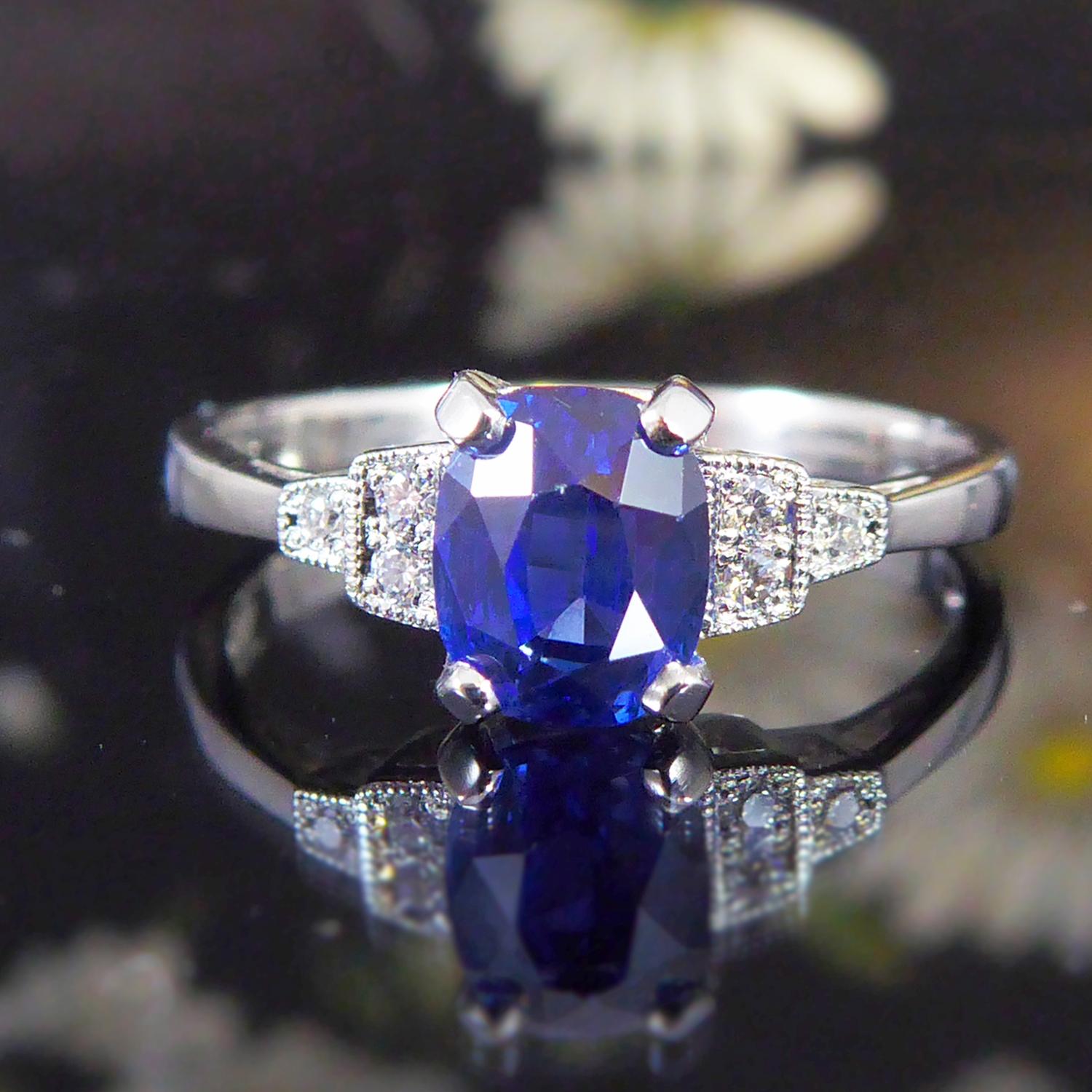 Women's Art Deco Style Oval Sapphire Solitaire Ring Diamond Shoulders and Platinum Band